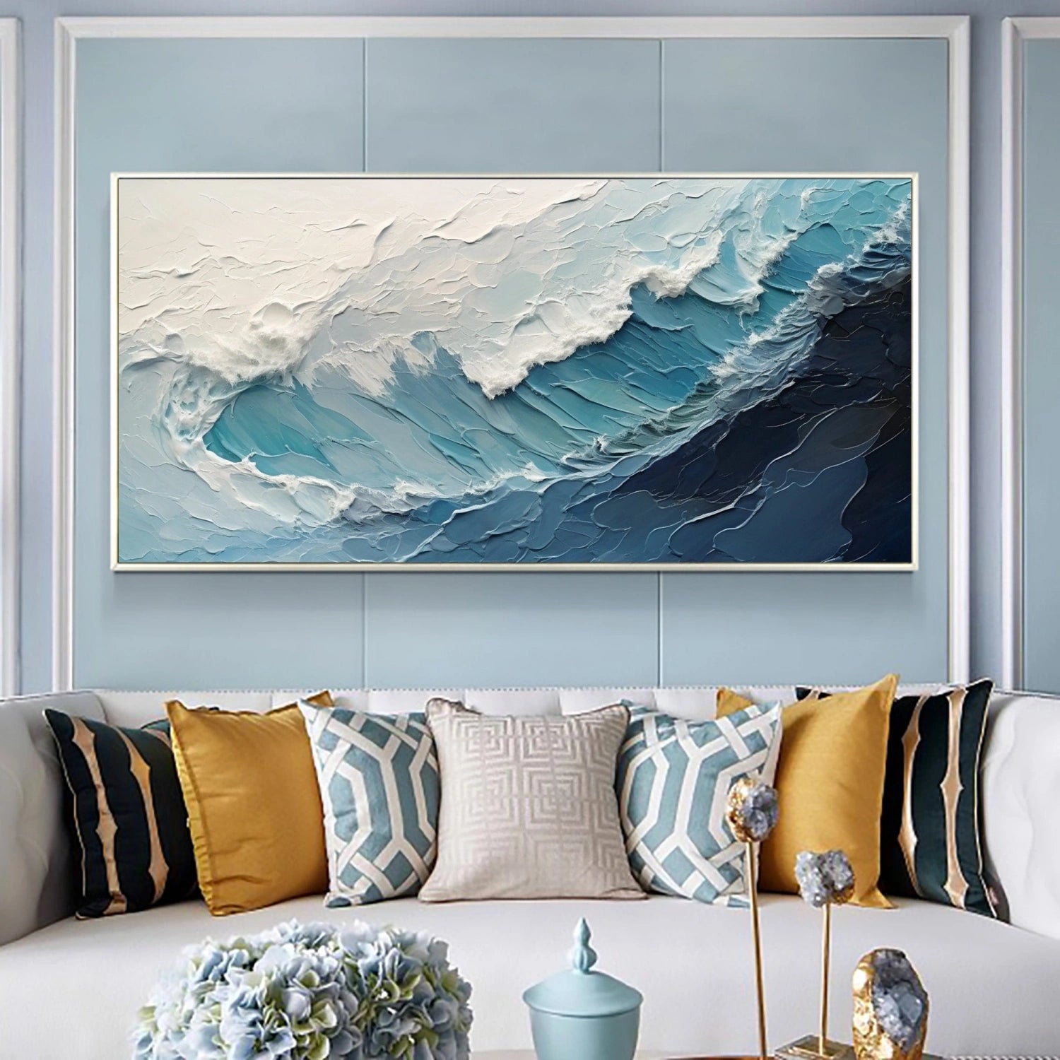 Horizontal Blue and White Textured Wave Abstract Oil Painting - Modern Art #JJ 162