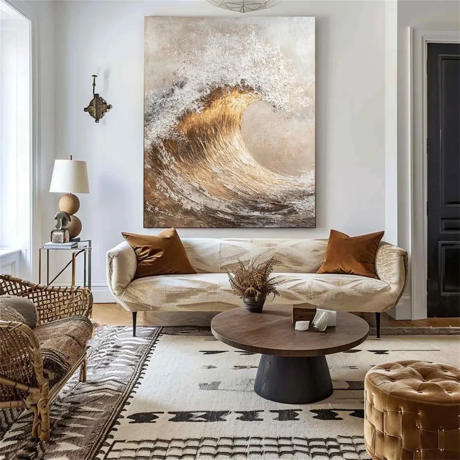 Beige White Gold Textured Wave Abstract Oil Painting - Modern Art # JJ 122