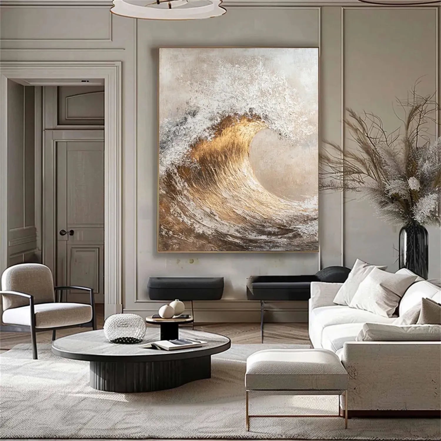 Beige White Gold Textured Wave Abstract Oil Painting - Modern Art # JJ 122