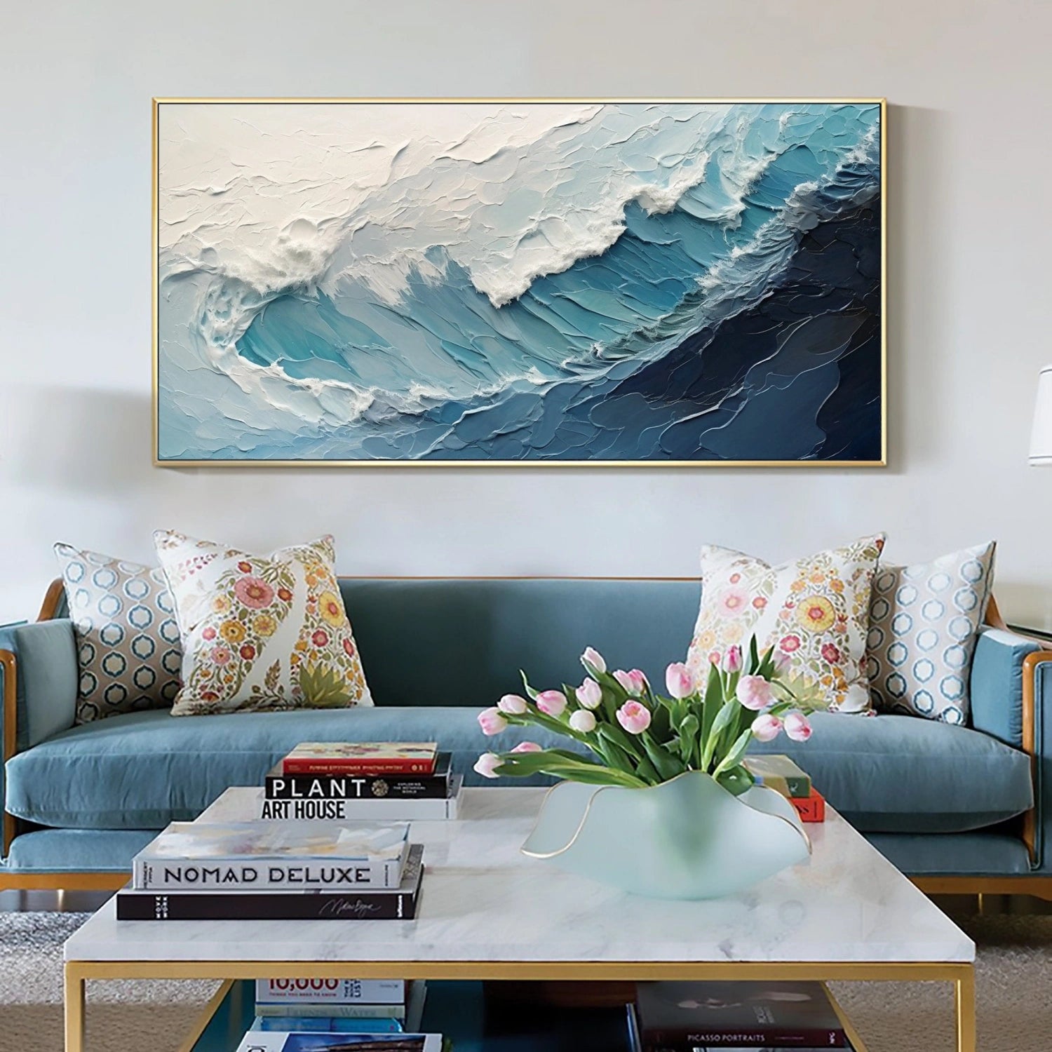Horizontal Blue and White Textured Wave Abstract Oil Painting - Modern Art #JJ 162