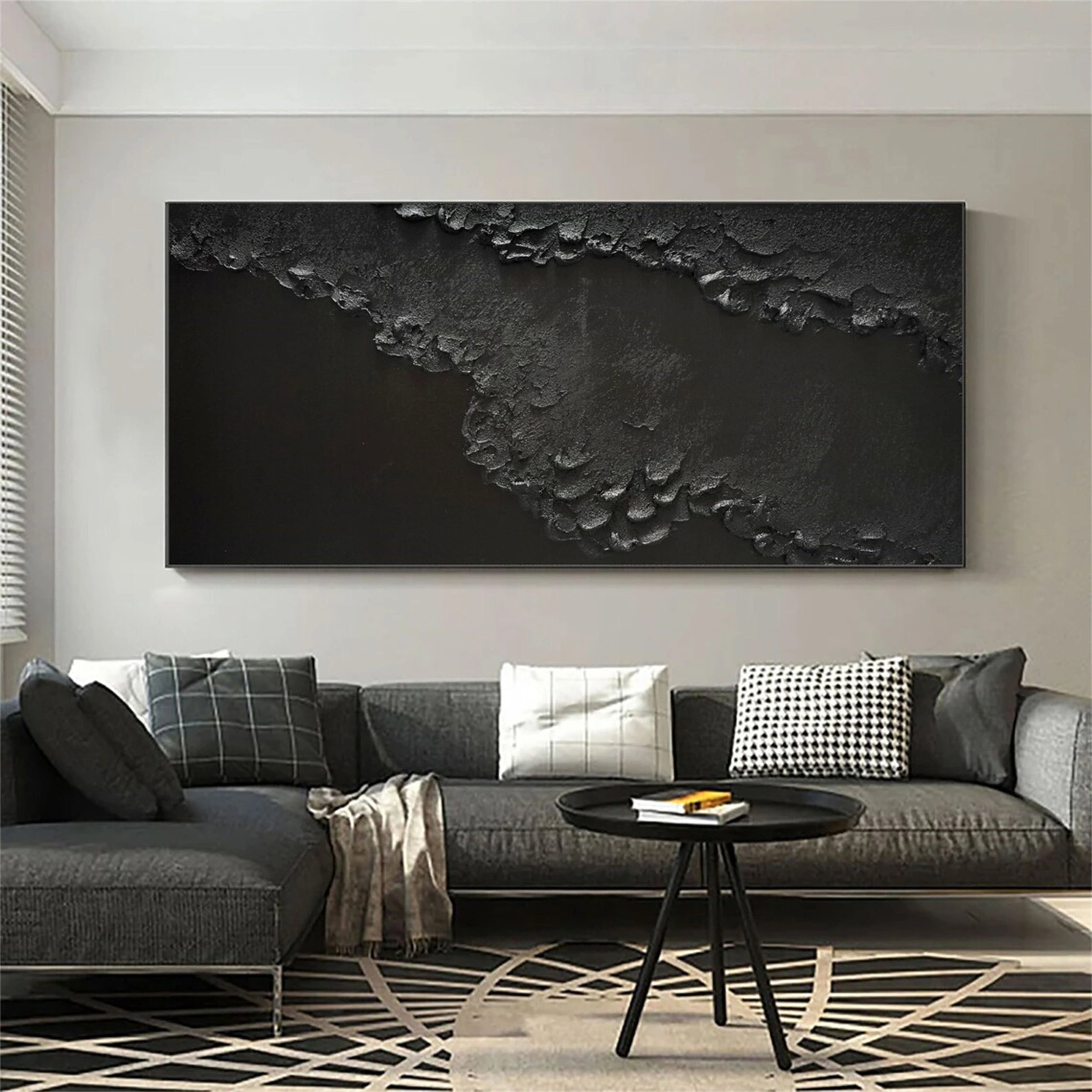Handmade Modern Black Textured Abstract Wall Art-Coastline Canvas  #JJ 268