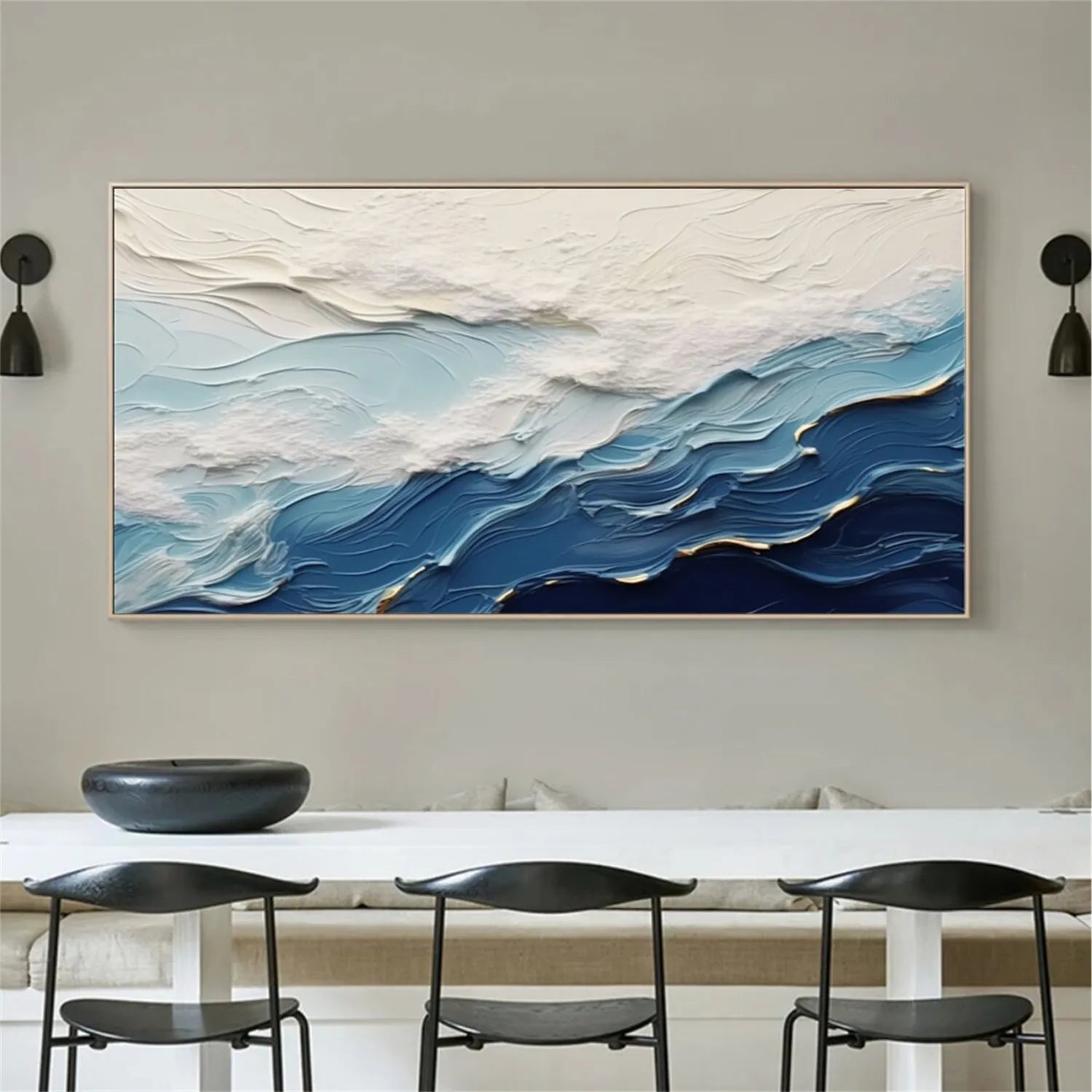 Wide Format Blue and White Textured Wave Abstract Oil Painting - Modern Ocean Art #JJ 167