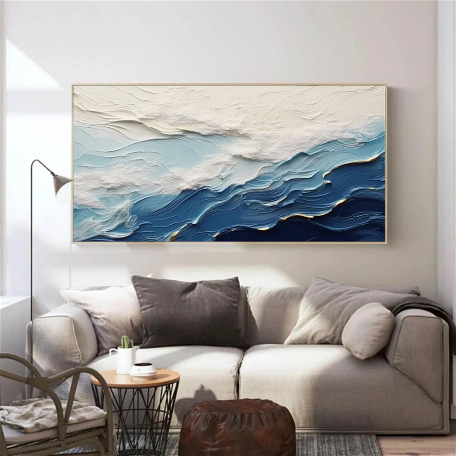 Wide Format Blue and White Textured Wave Abstract Oil Painting - Modern Ocean Art #JJ 167