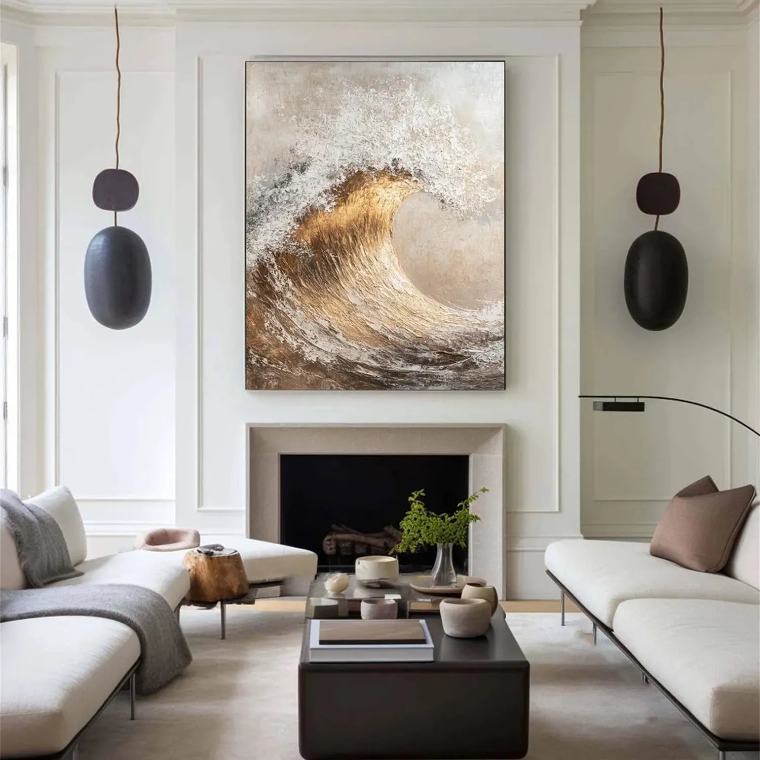 Beige White Gold Textured Wave Abstract Oil Painting - Modern Art # JJ 122