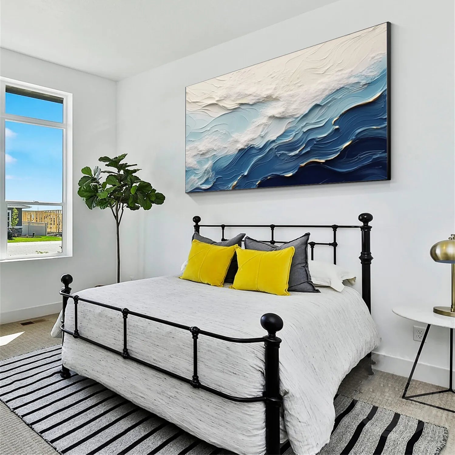 Wide Format Blue and White Textured Wave Abstract Oil Painting - Modern Ocean Art #JJ 167