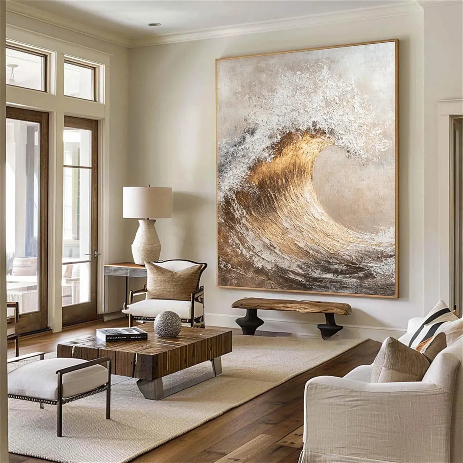 Beige White Gold Textured Wave Abstract Oil Painting - Modern Art # JJ 122
