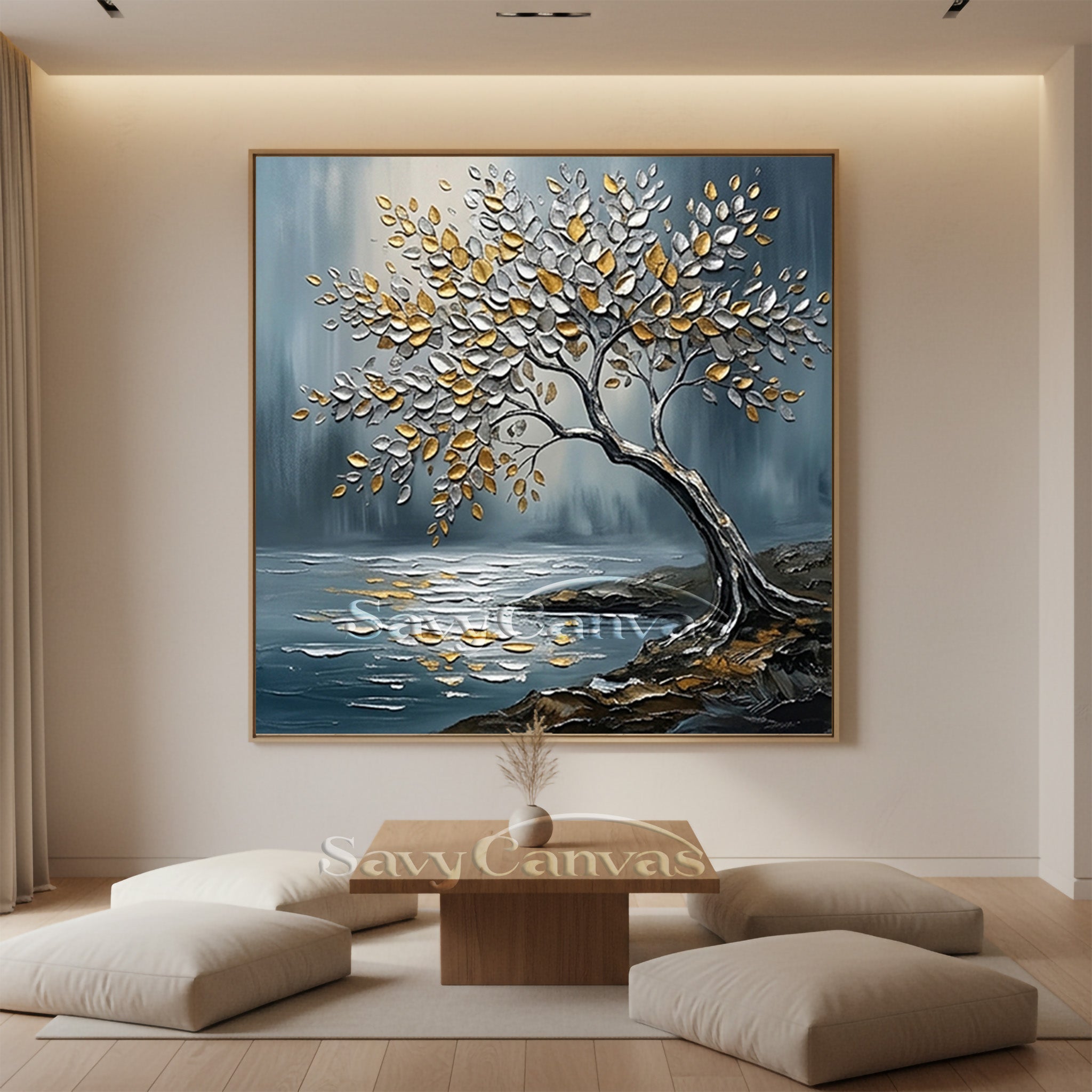 3D Textured Tree Painting | Gold & Silver Impasto Art #AA 541