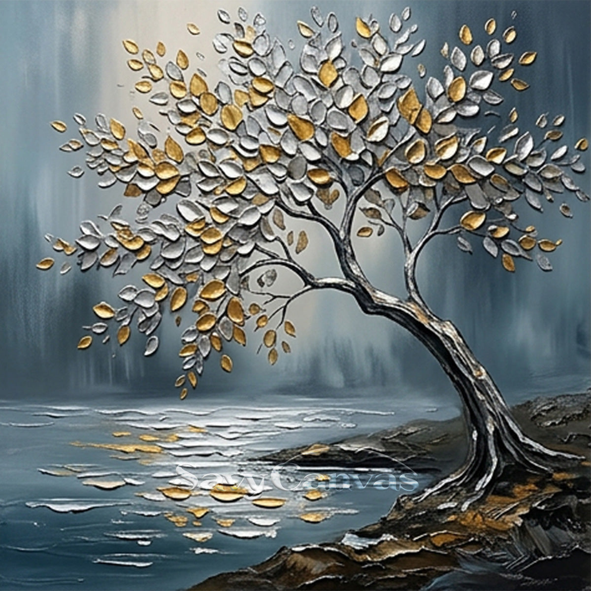 3D Textured Tree Painting | Gold & Silver Impasto Art #AA 541