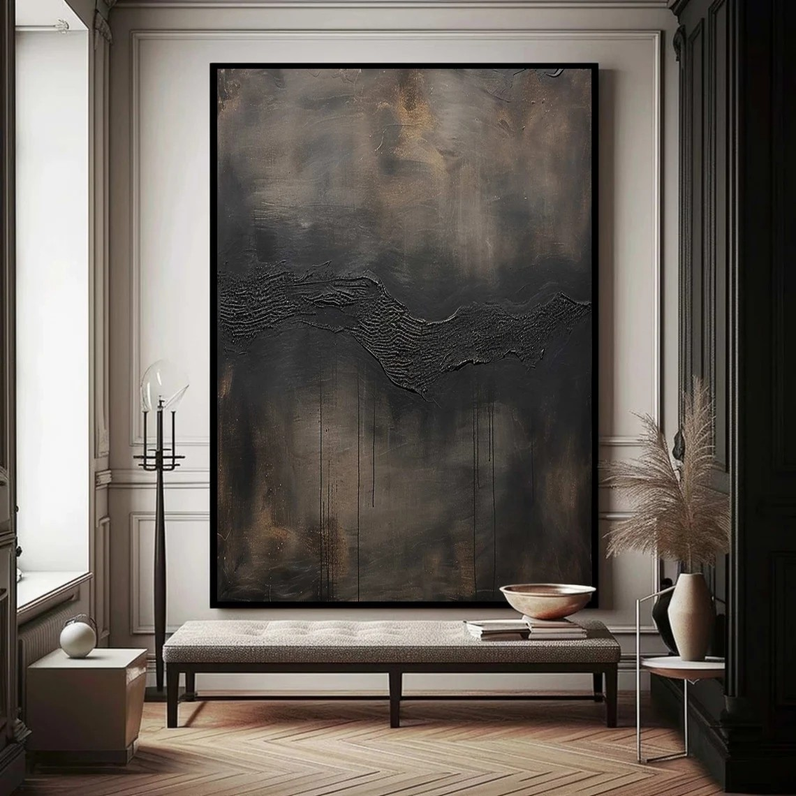 Handmade Abstract Black Oil Painting with Crackle Texture for Wall Art