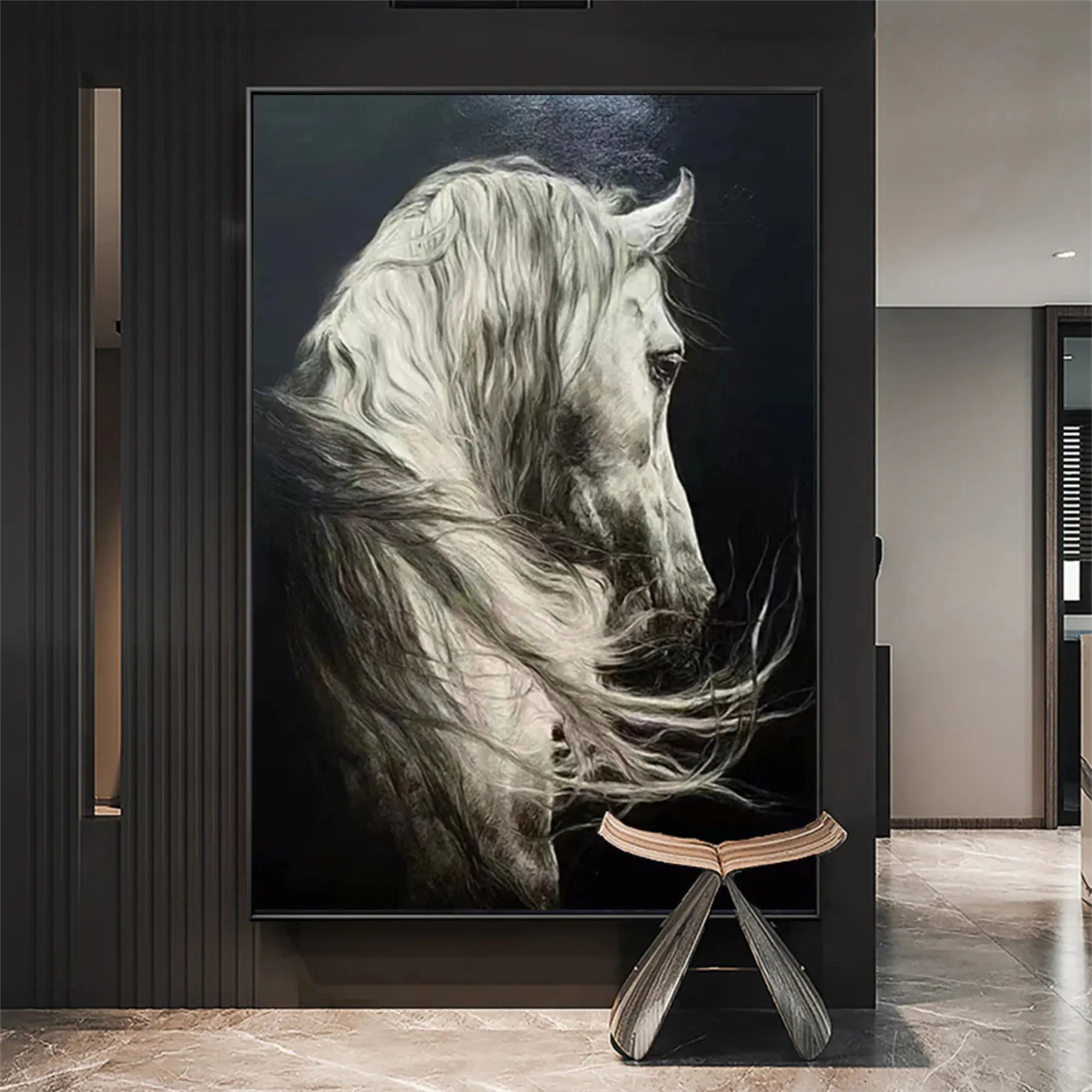White Horse Oil Painting | Large Black & White Equine Art #ZZ 017