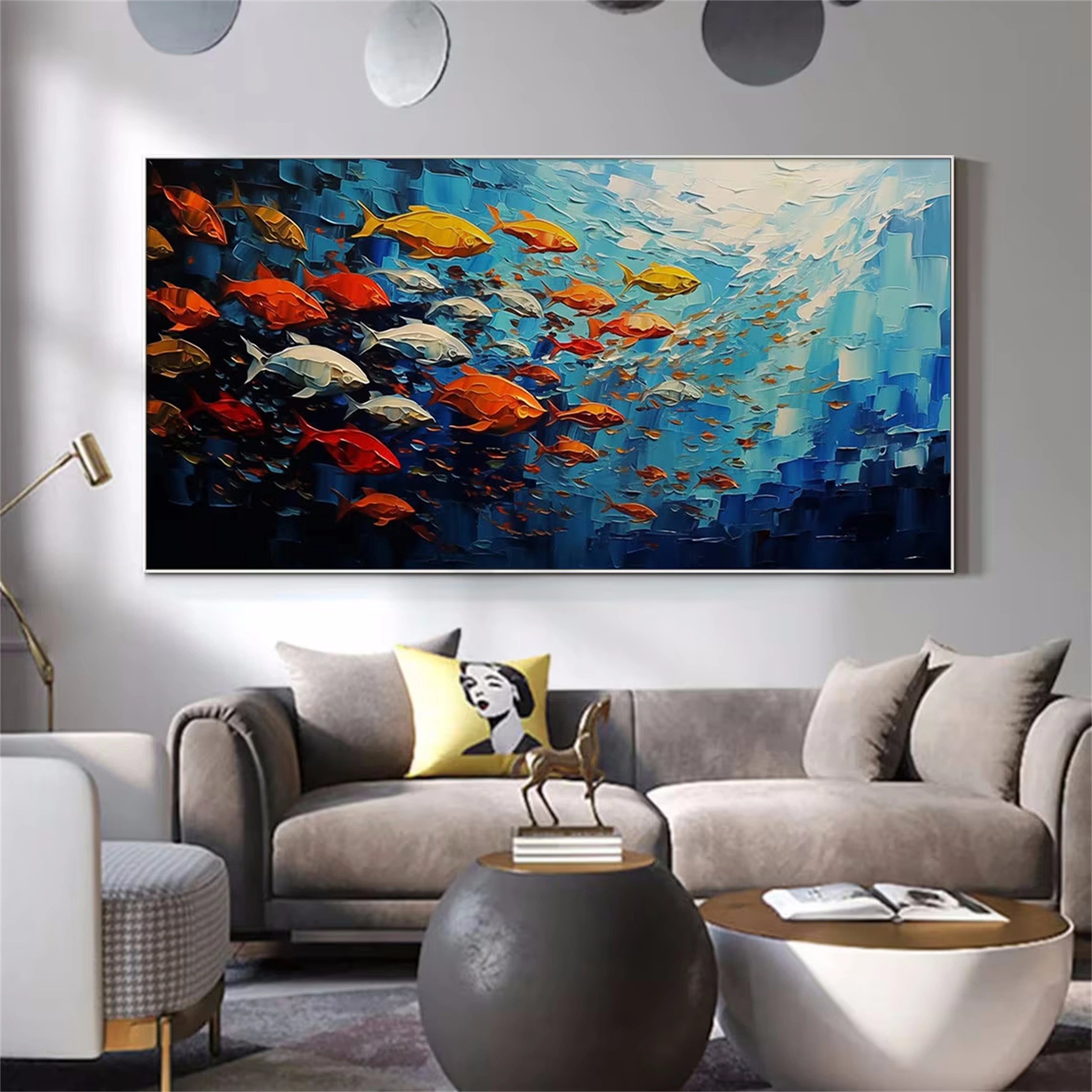 Large  Abstract Oil Painting Fish Wall Art - Ocean Painting #JJ 242