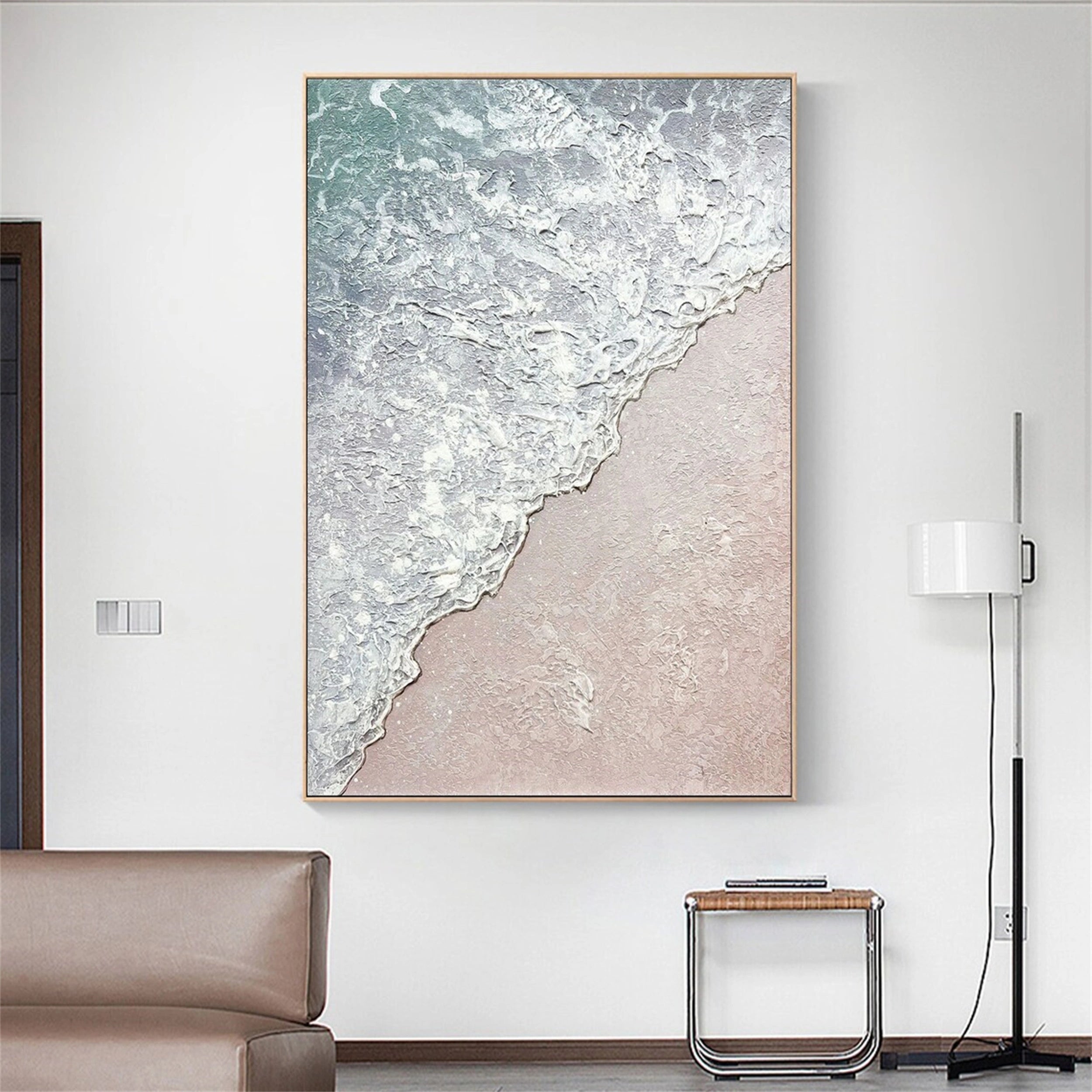 Living Room Art Upgrade: 3D Ocean Wave Painting with Earthy Palette # JJ 146