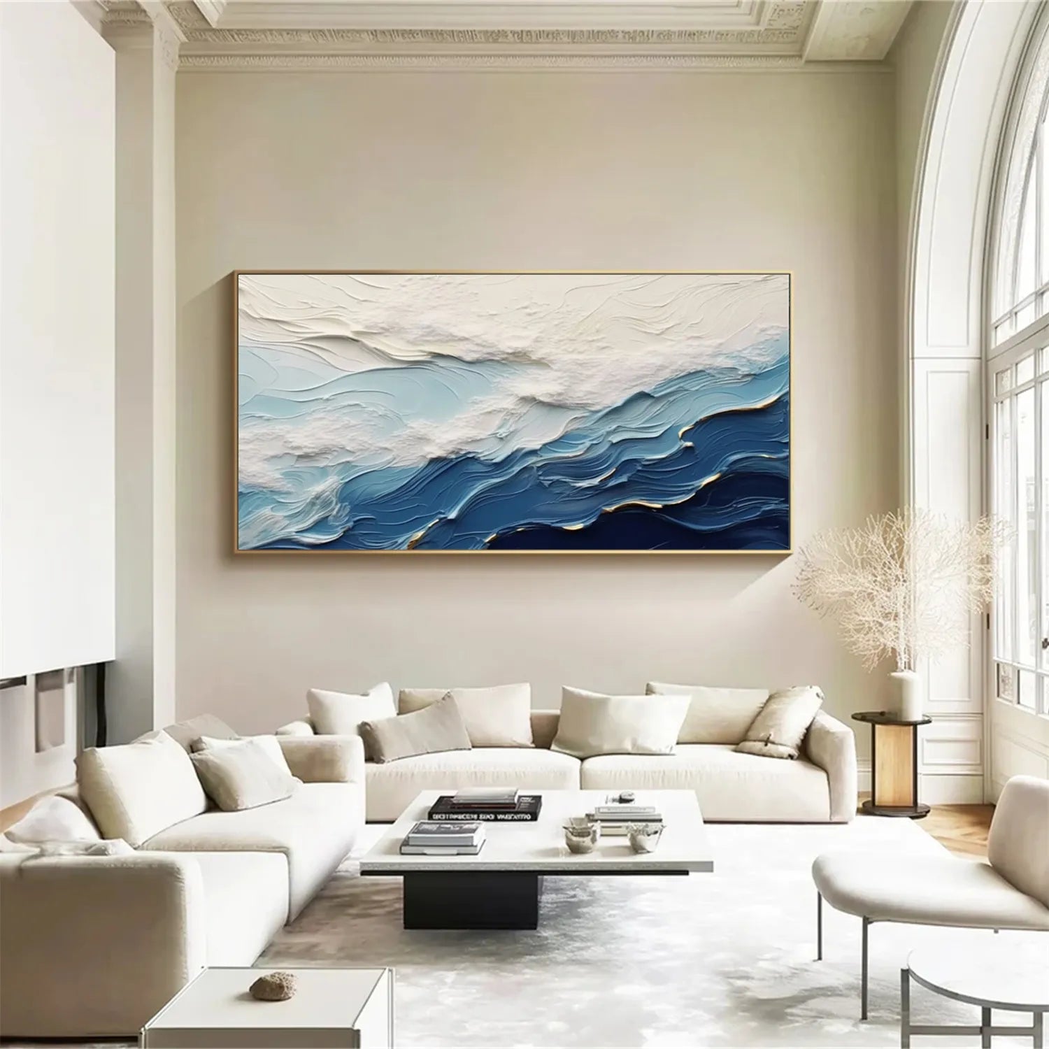 Wide Format Blue and White Textured Wave Abstract Oil Painting - Modern Ocean Art #JJ 167