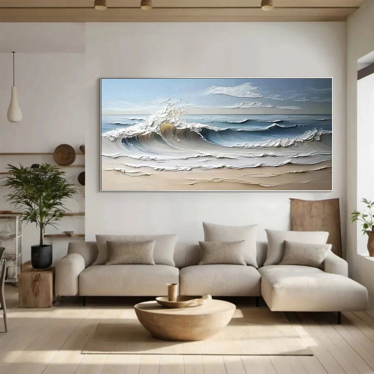 Wide Calm Coastal Sand and Sea Abstract - Blue and White Minimalist Oil Painting #JJ 163