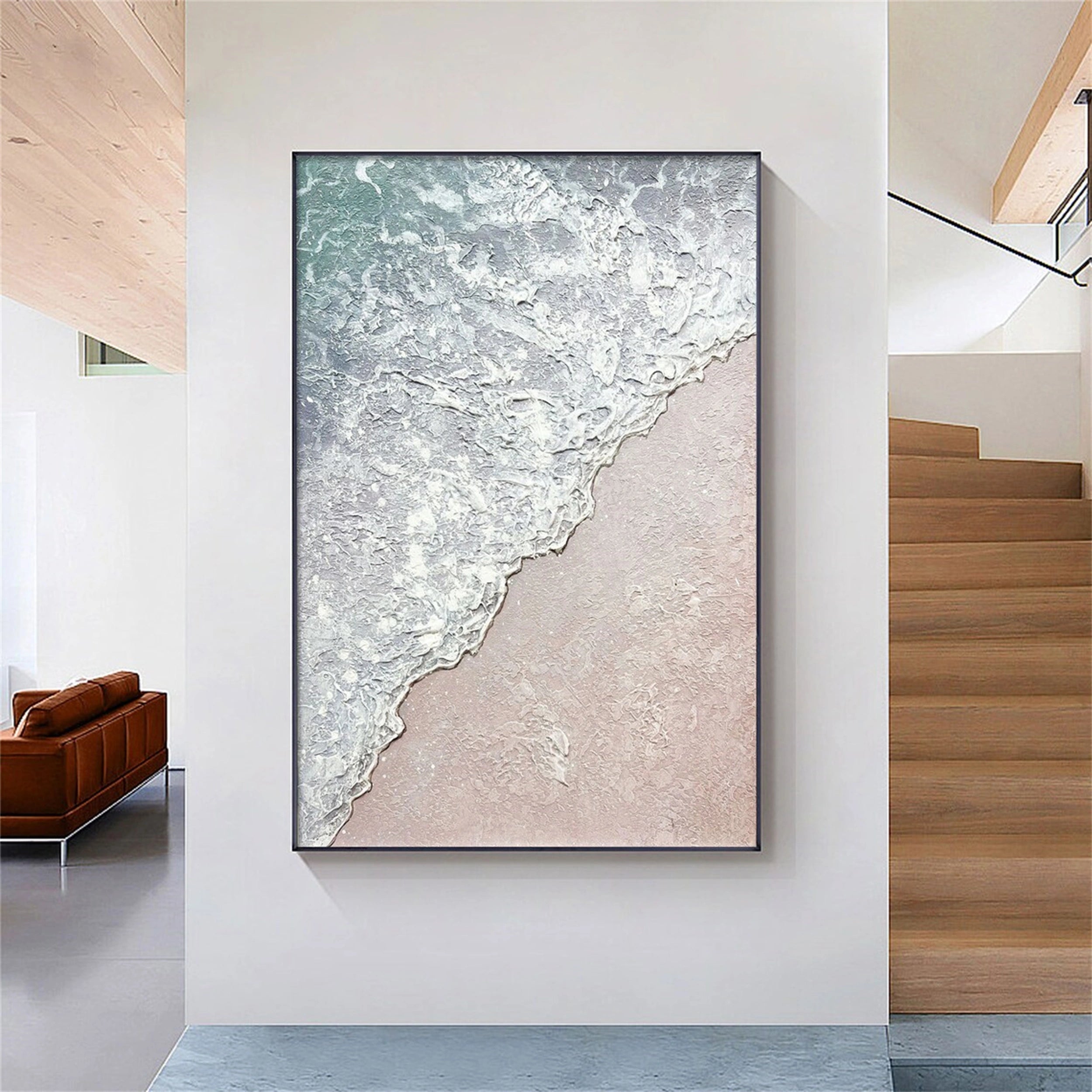 Living Room Art Upgrade: 3D Ocean Wave Painting with Earthy Palette # JJ 146