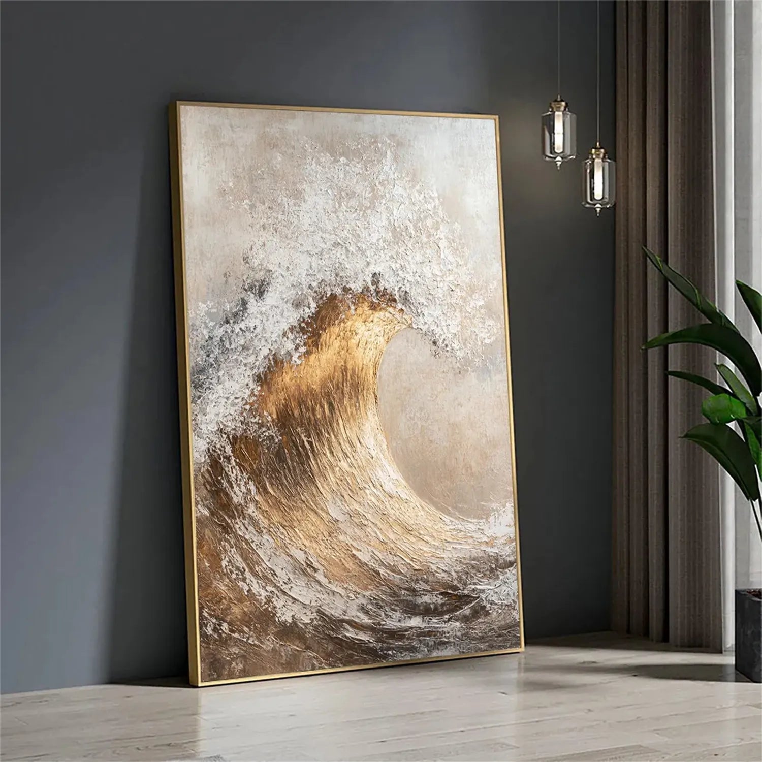 Beige White Gold Textured Wave Abstract Oil Painting - Modern Art # JJ 122