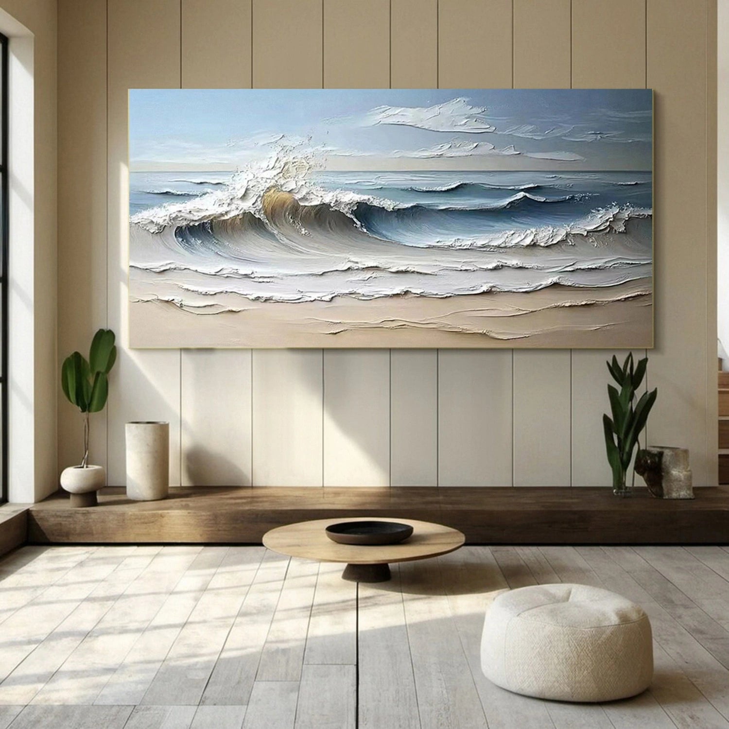 Wide Calm Coastal Sand and Sea Abstract - Blue and White Minimalist Oil Painting #JJ 163