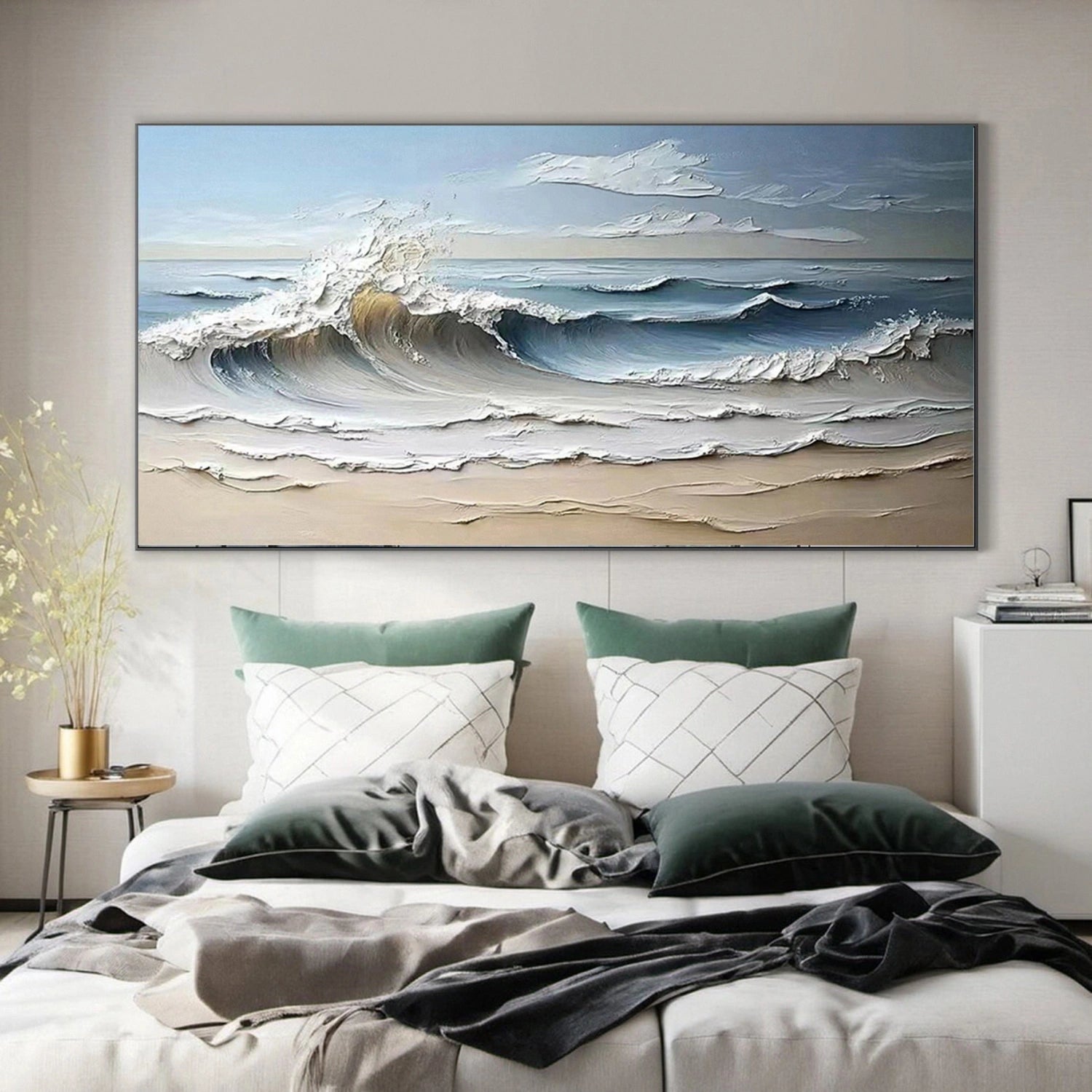 Wide Calm Coastal Sand and Sea Abstract - Blue and White Minimalist Oil Painting #JJ 163