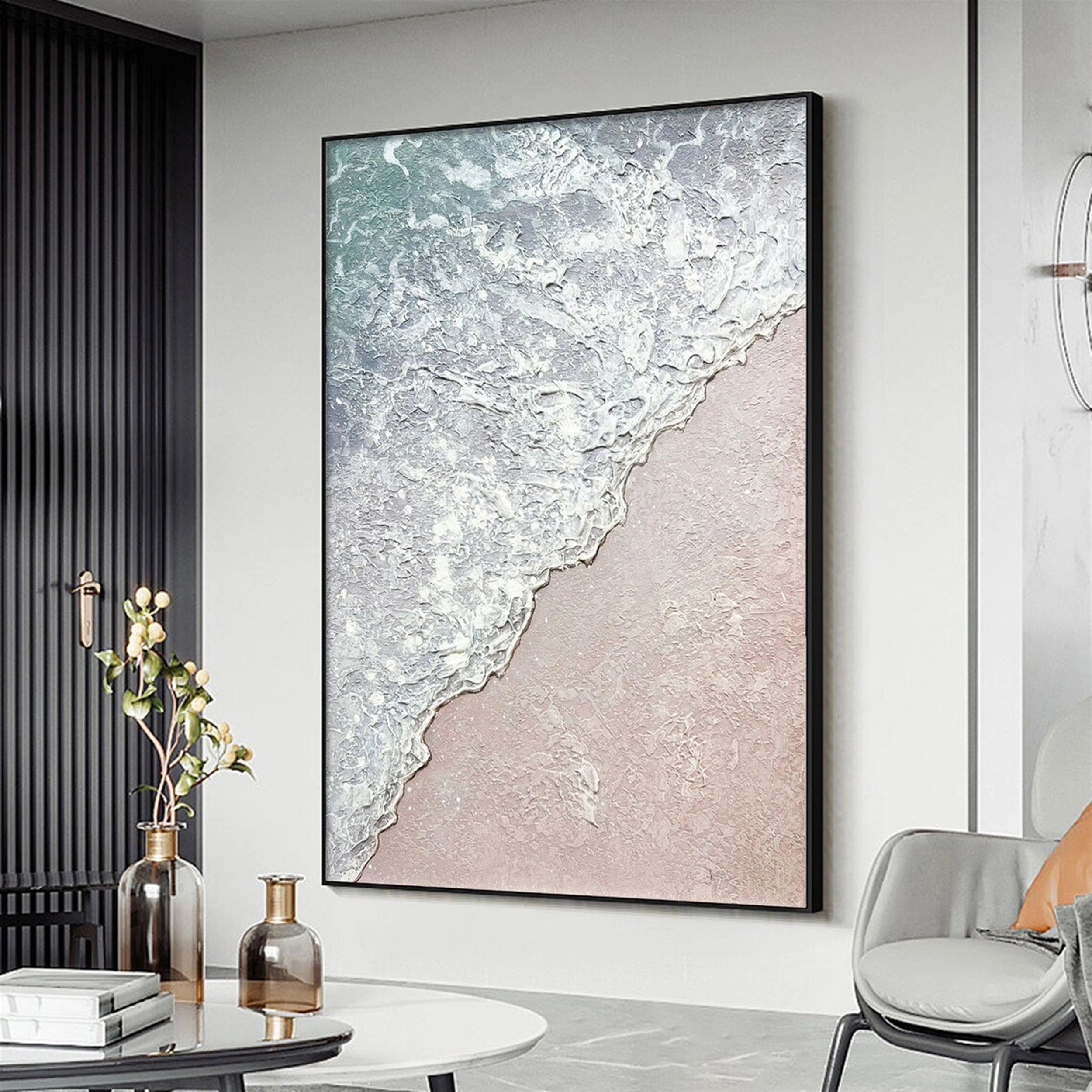 Living Room Art Upgrade: 3D Ocean Wave Painting with Earthy Palette # JJ 146
