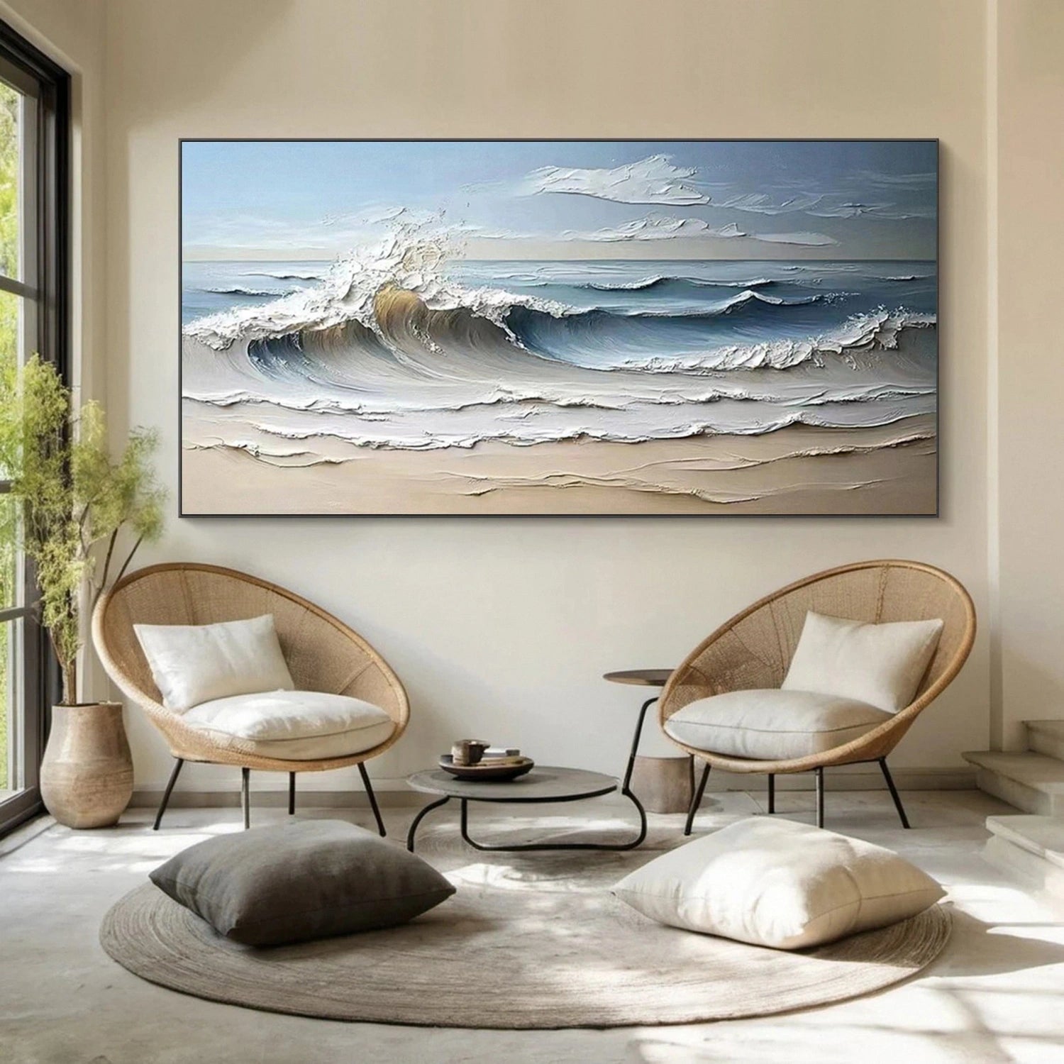 Wide Calm Coastal Sand and Sea Abstract - Blue and White Minimalist Oil Painting #JJ 163