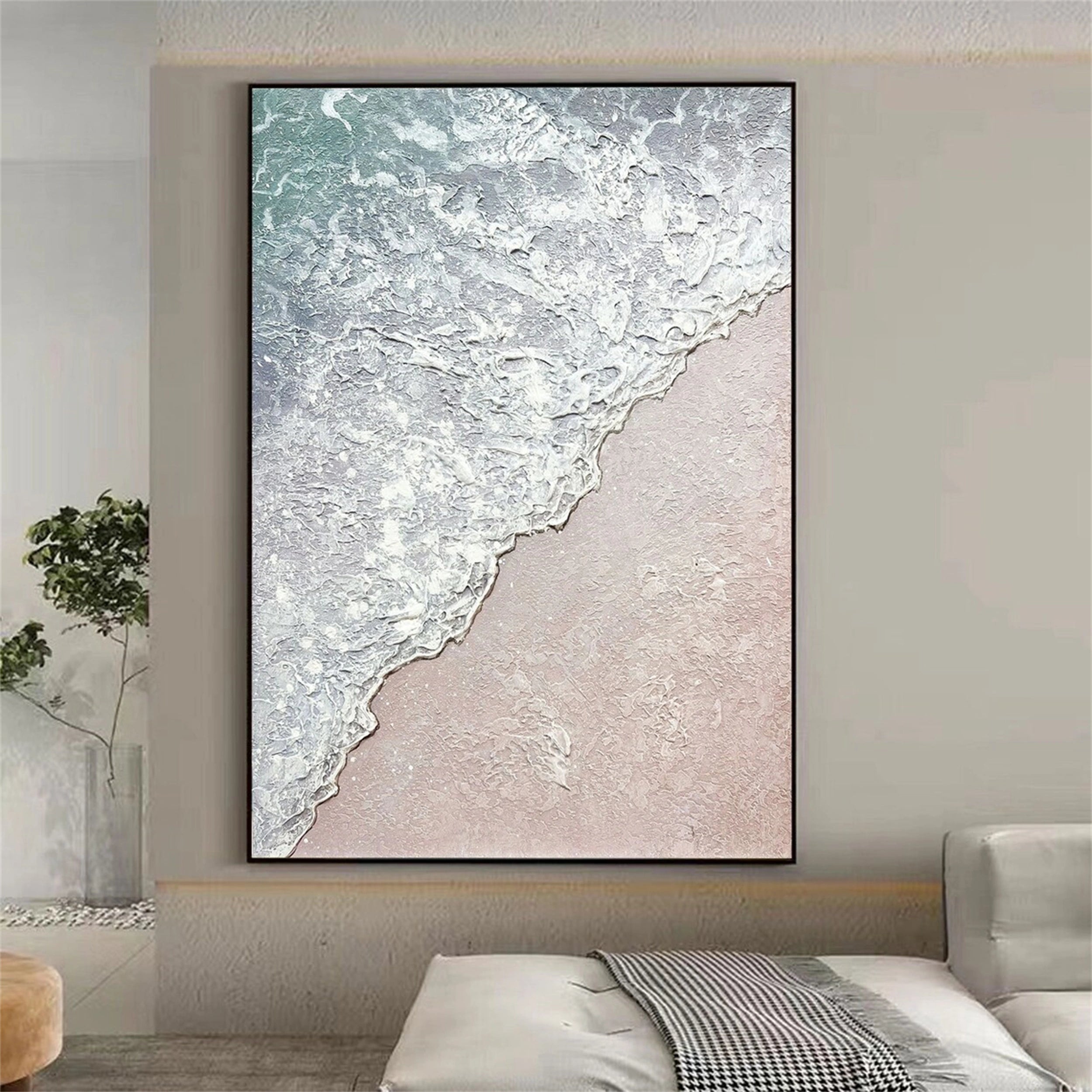 Living Room Art Upgrade: 3D Ocean Wave Painting with Earthy Palette # JJ 146