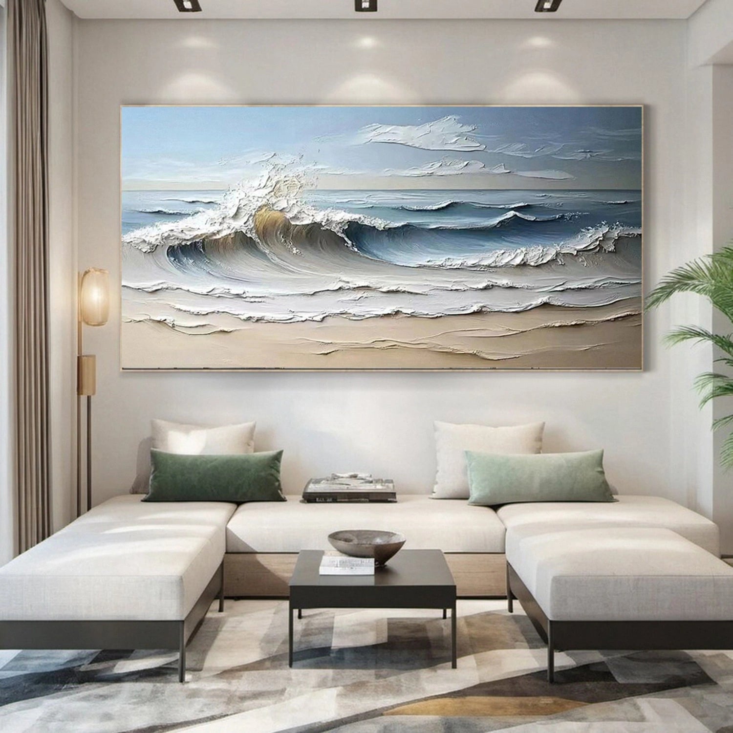 Wide Calm Coastal Sand and Sea Abstract - Blue and White Minimalist Oil Painting #JJ 163