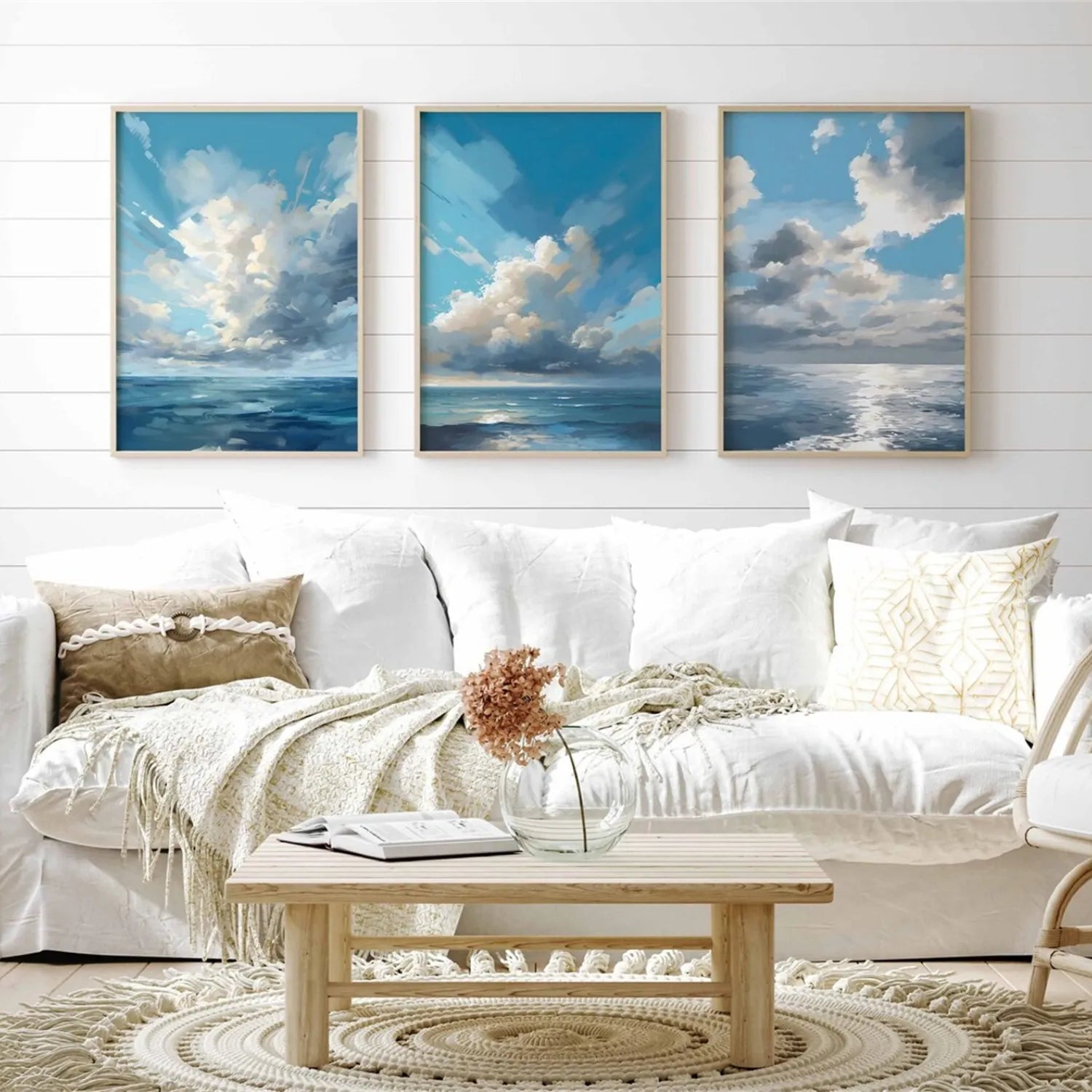 Sky Ocean Triptych - Serene Blue & White Art #JJ 203
