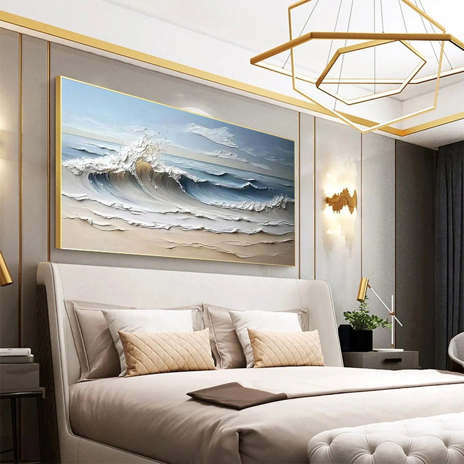 Wide Calm Coastal Sand and Sea Abstract - Blue and White Minimalist Oil Painting #JJ 163