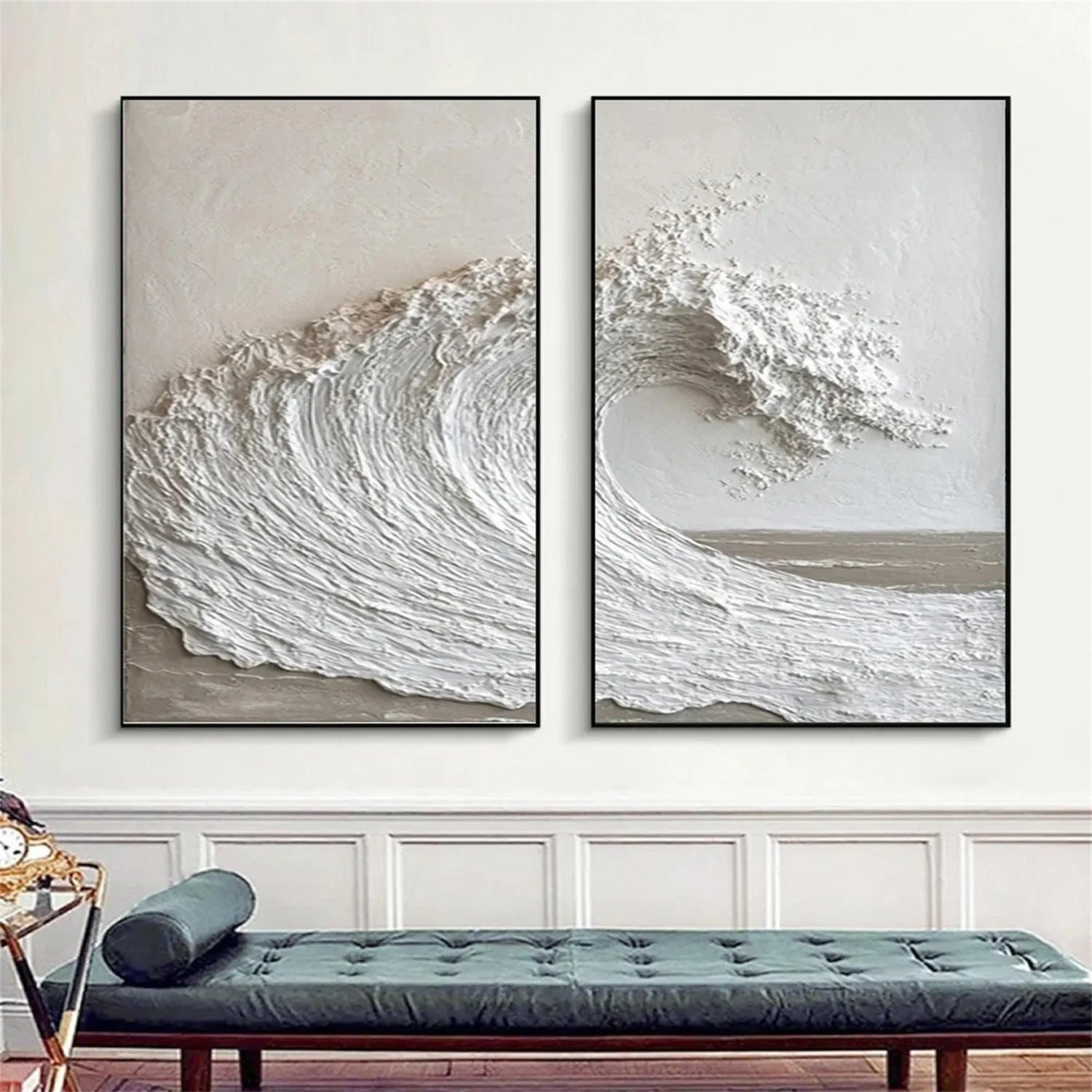 Abstract Wave Art Diptych | 2 Piece Large Textured White Paintings