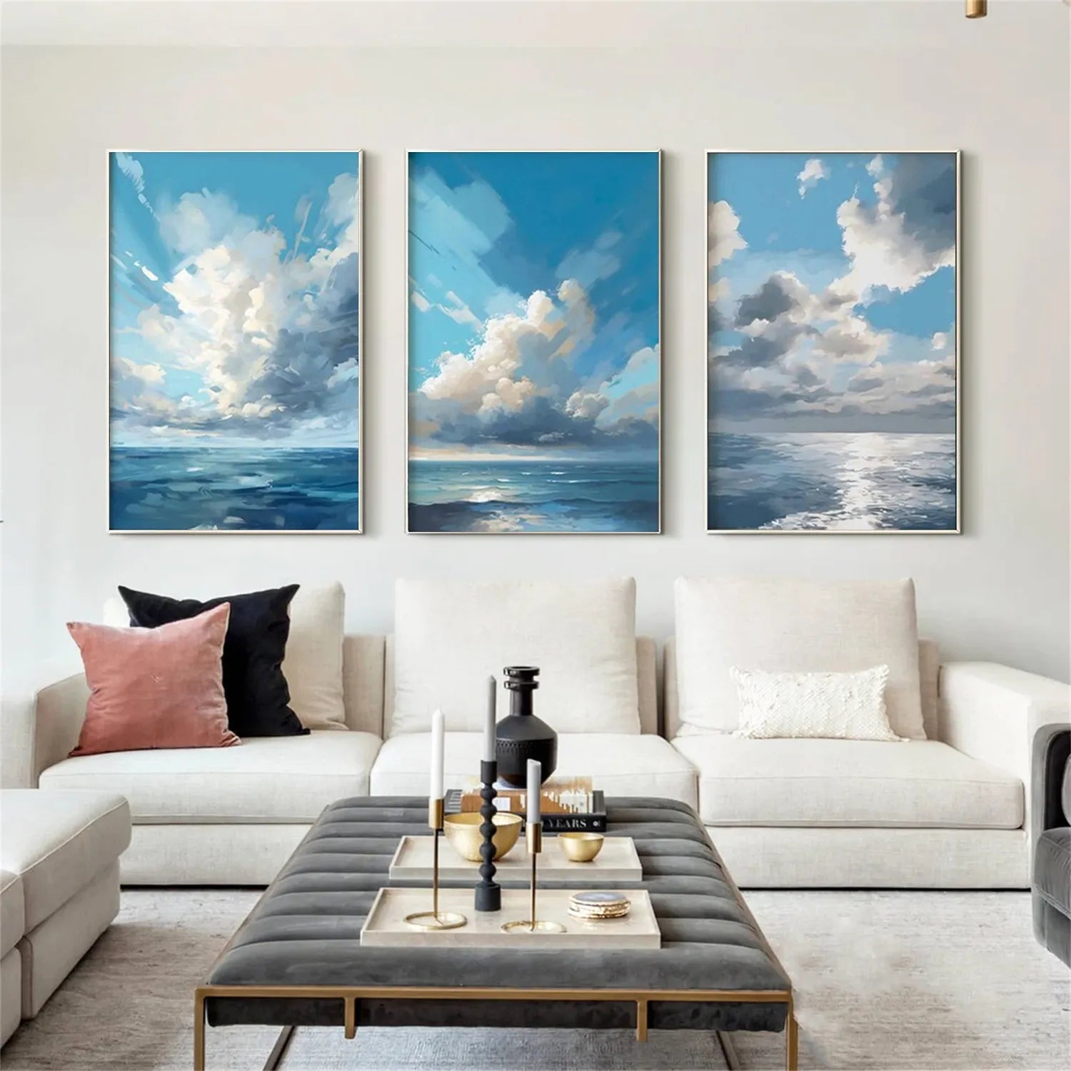 Sky Ocean Triptych - Serene Blue & White Art #JJ 203