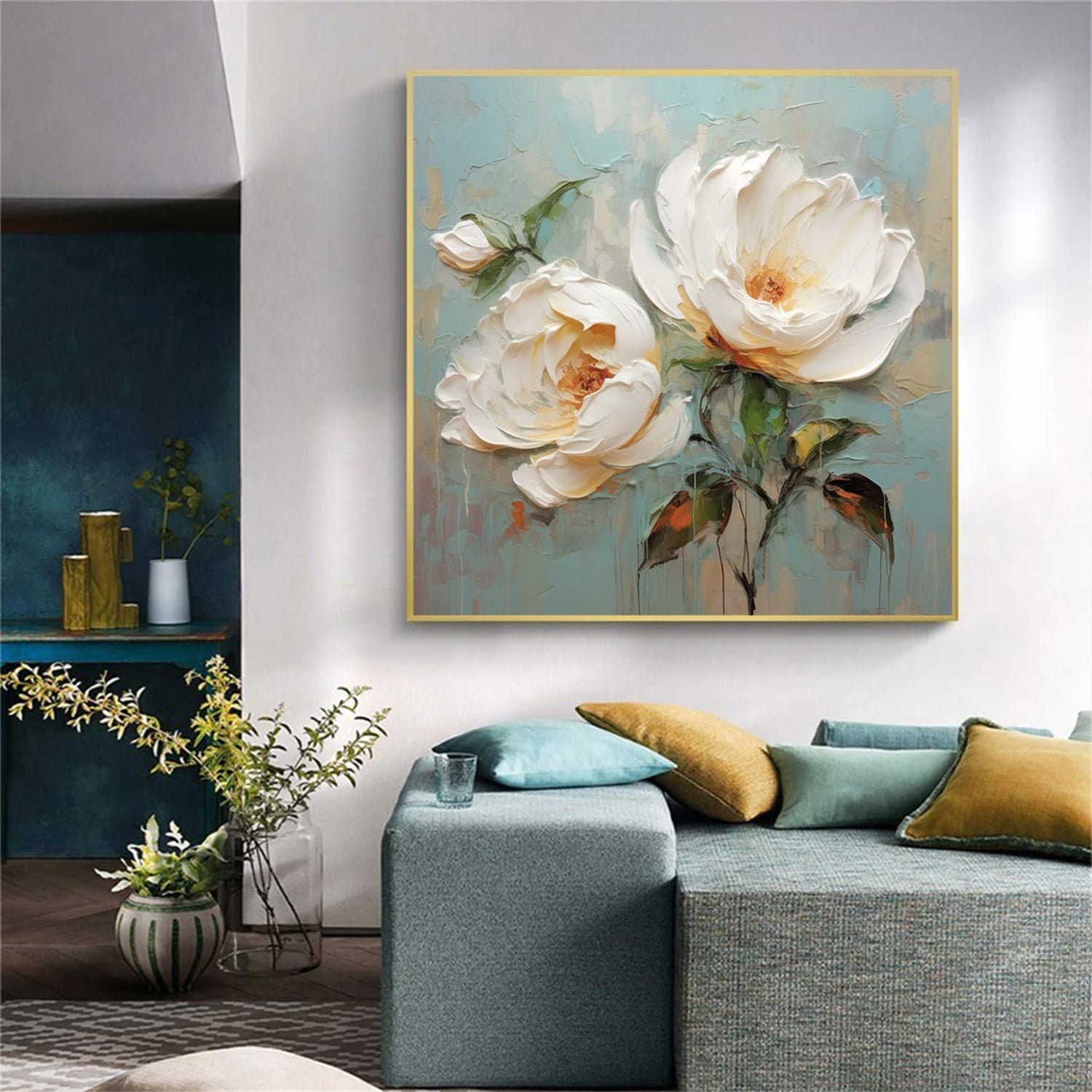 Luxury Oil Painting Design for wall 3D Floral Wall Art Turquoise #JJ 347