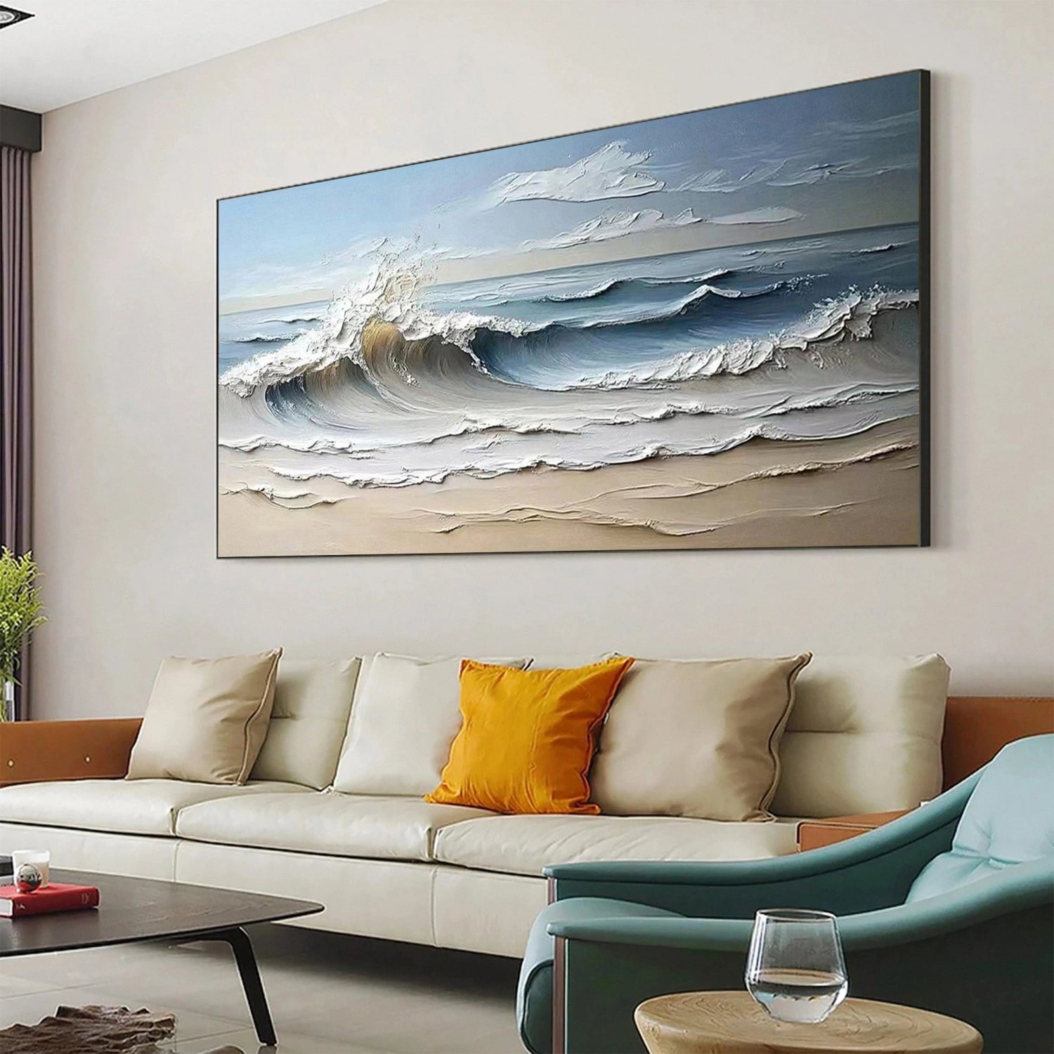 Wide Calm Coastal Sand and Sea Abstract - Blue and White Minimalist Oil Painting #JJ 163