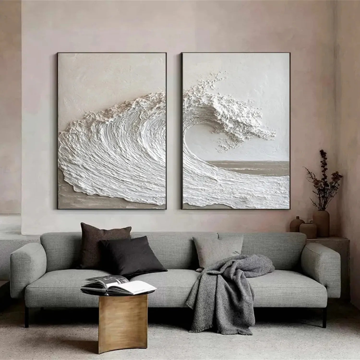 Large Textured Wave Wall Art Set of 2 White 3D Ocean Canvas #ZZ 086