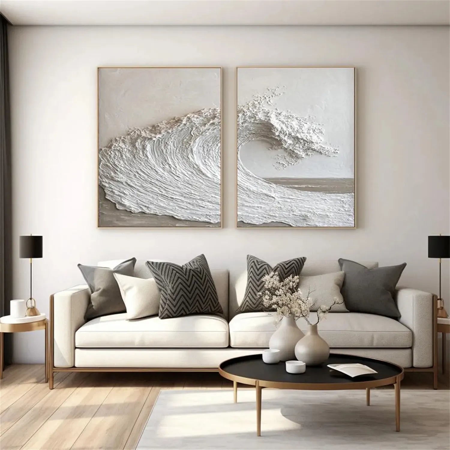 Large Textured Wave Wall Art Set of 2 White 3D Ocean Canvas #ZZ 086