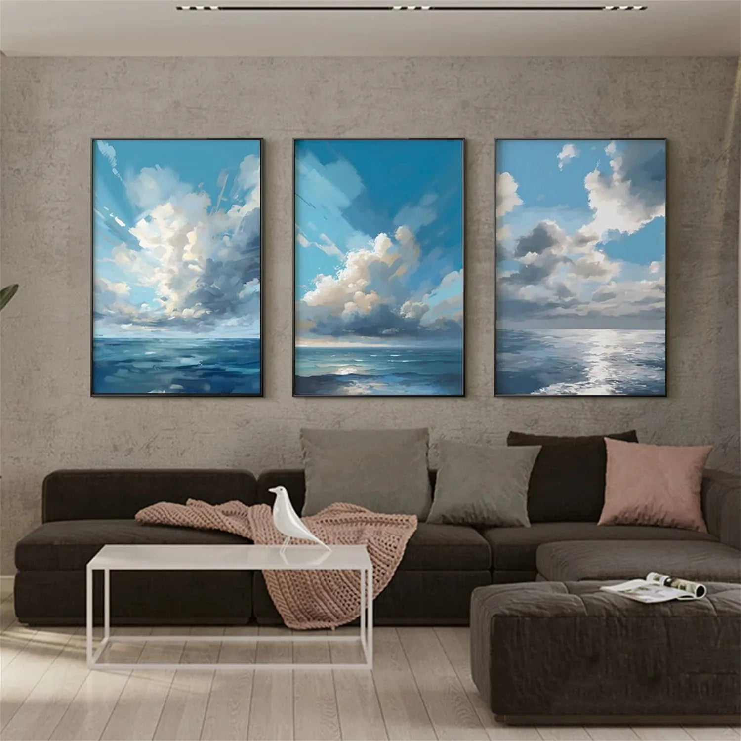 Sky Ocean Triptych - Serene Blue & White Art #JJ 203