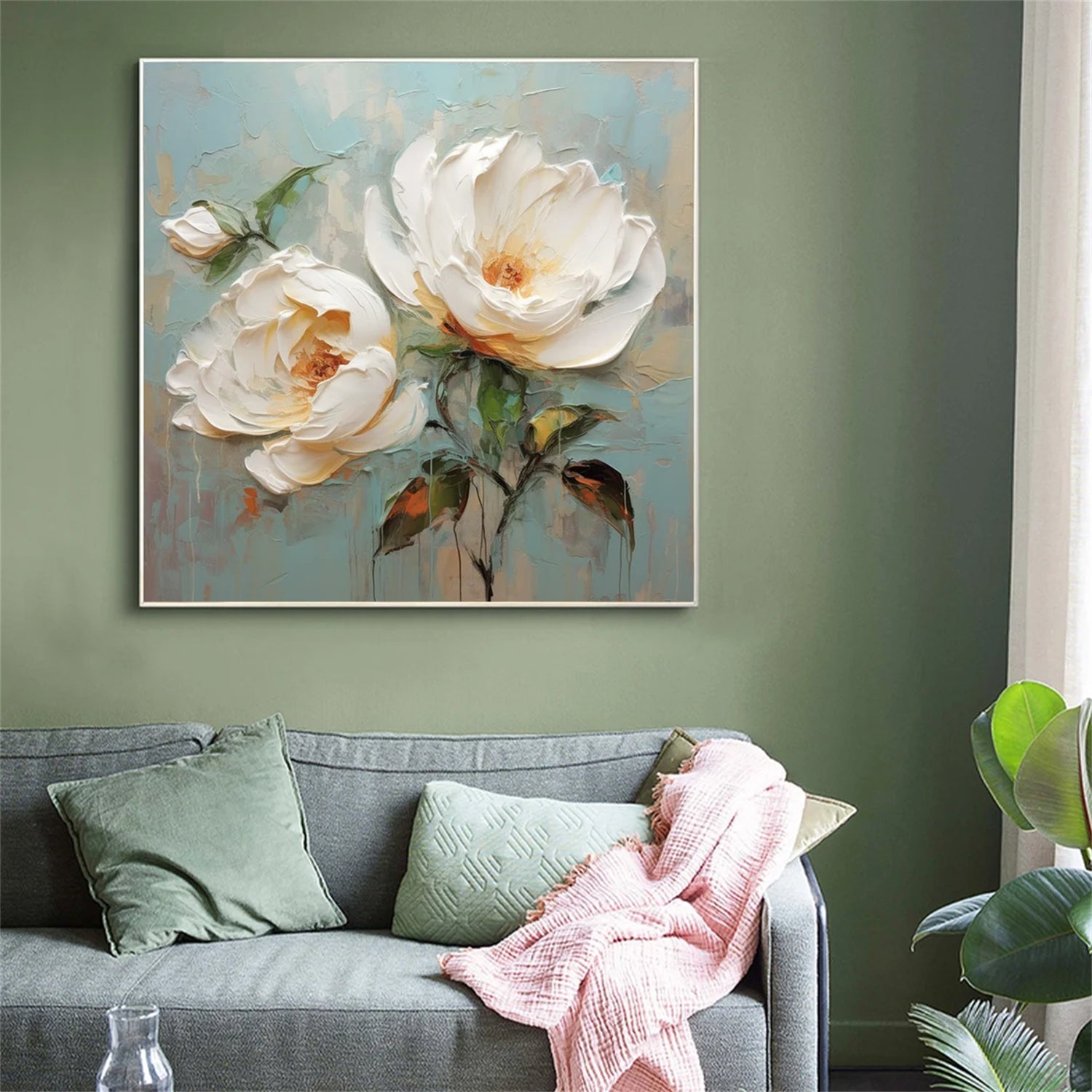 Luxury Oil Painting Design for wall 3D Floral Wall Art Turquoise #JJ 347