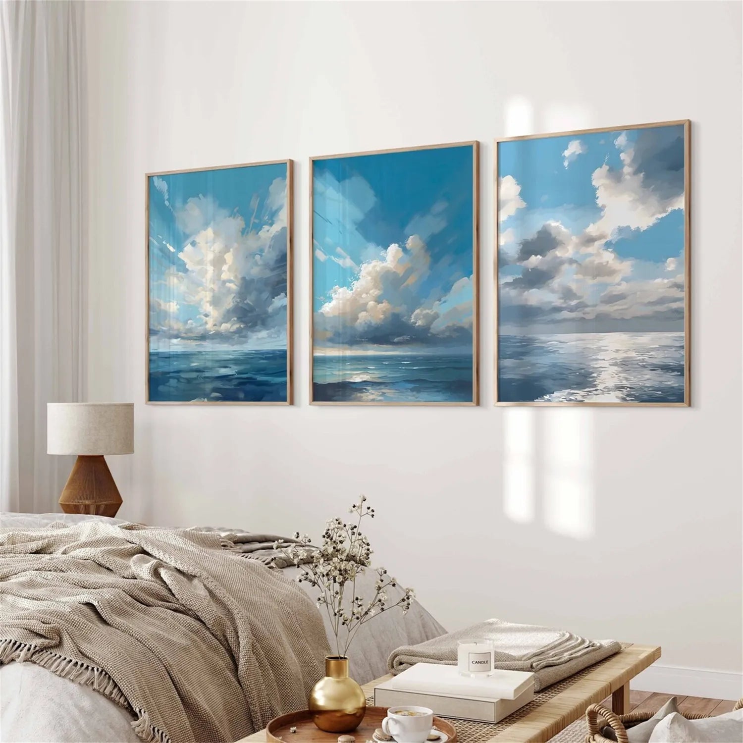 Sky Ocean Triptych - Serene Blue & White Art #JJ 203