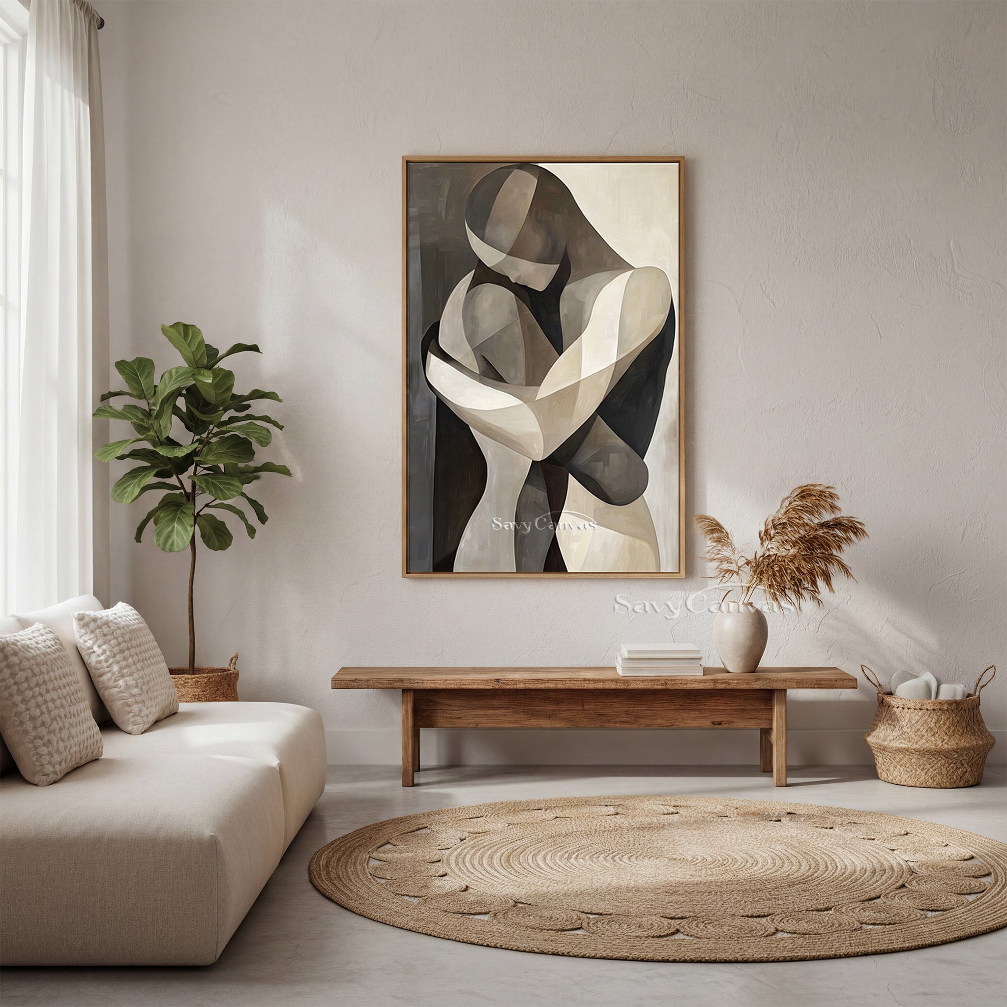 Cubist Style Couple Hugging Canvas Art | Monochrome Geometric Painting #SS 145