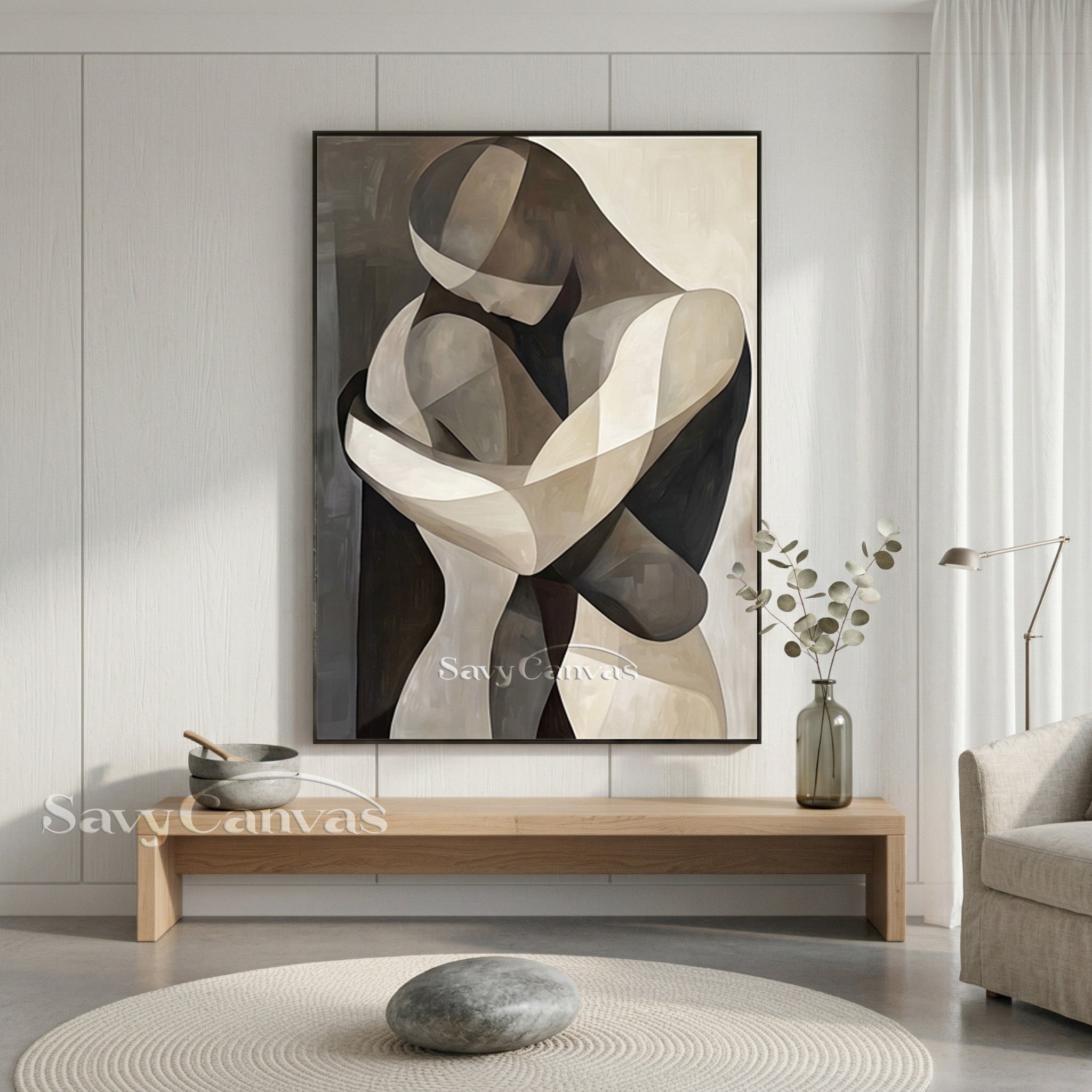 Cubist Style Couple Hugging Canvas Art | Monochrome Geometric Painting #SS 145