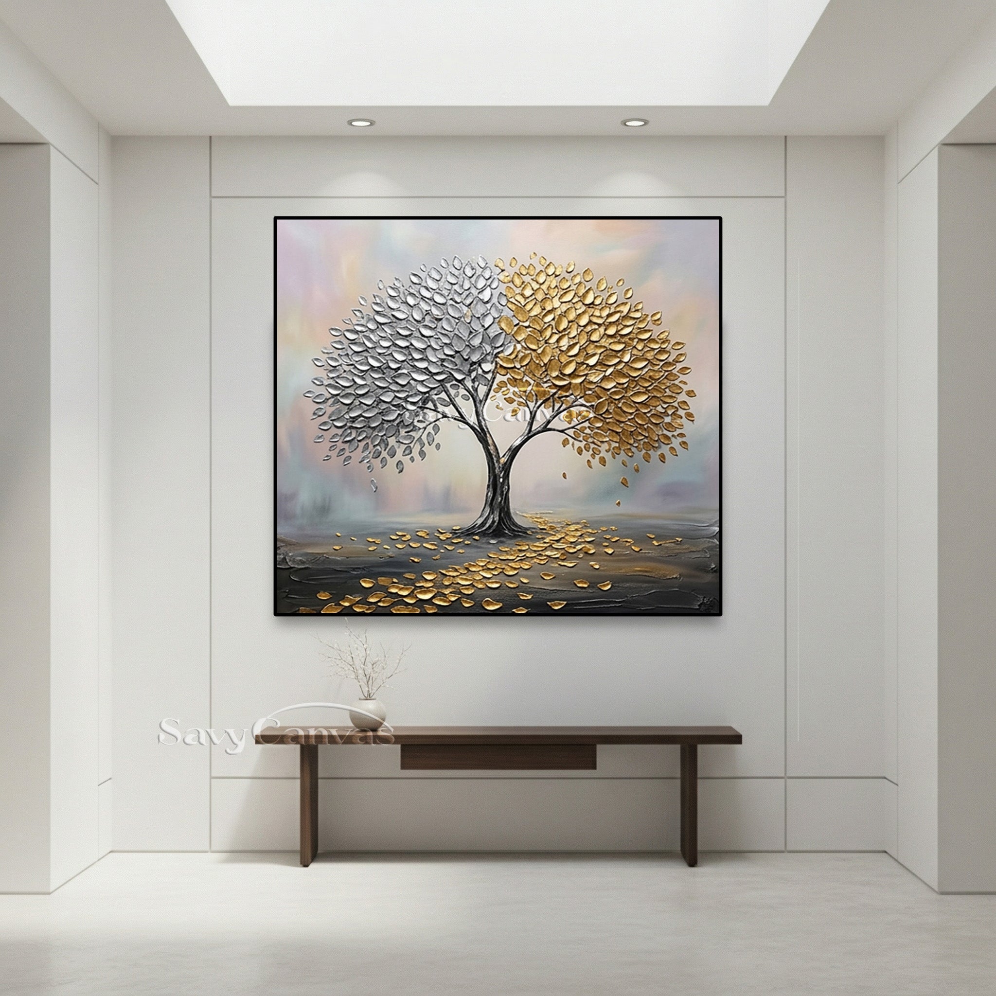 3D Textured Tree of Life | Gold & Silver Leaf Painting #AA 537