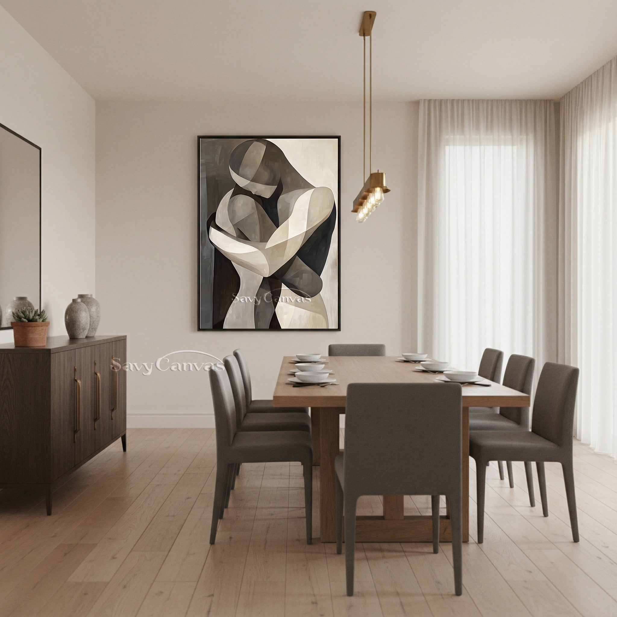 Cubist Style Couple Hugging Canvas Art | Monochrome Geometric Painting #SS 145