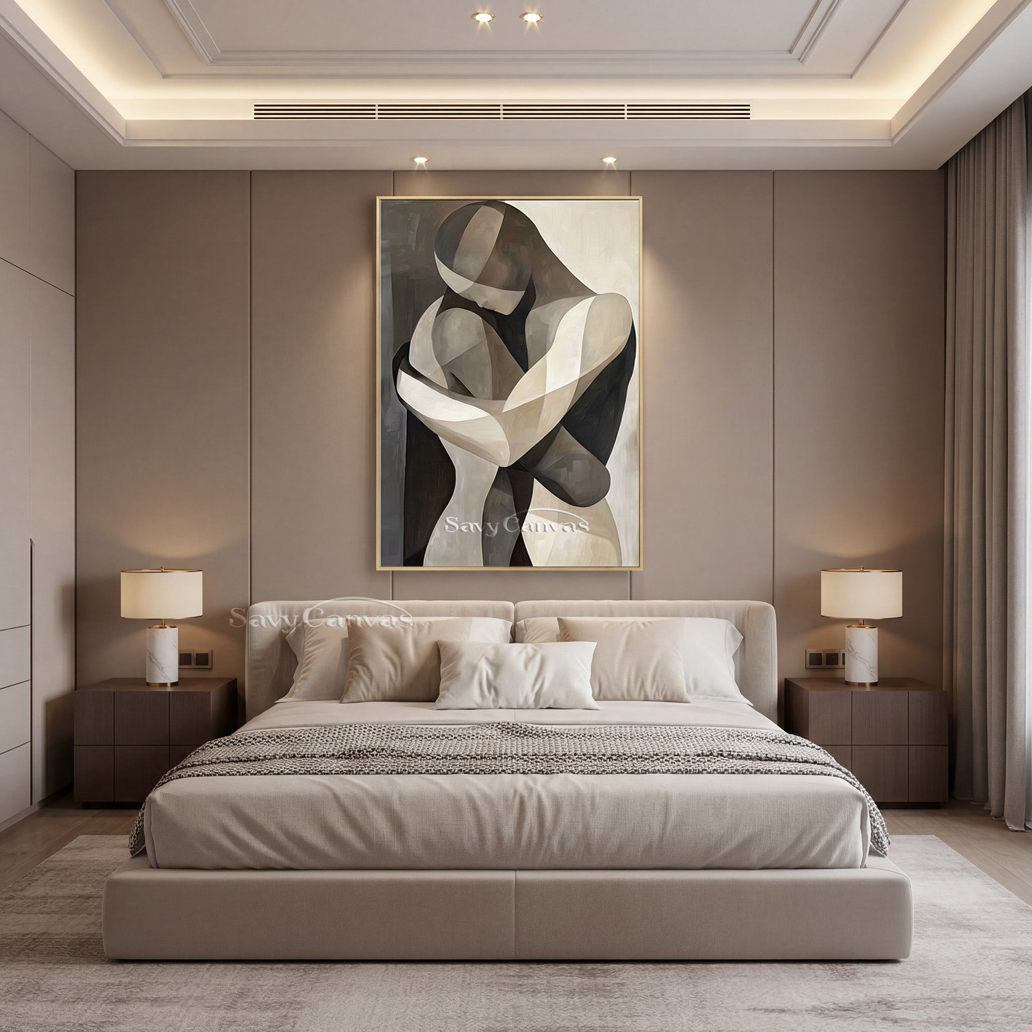 Cubist Style Couple Hugging Canvas Art | Monochrome Geometric Painting #SS 145