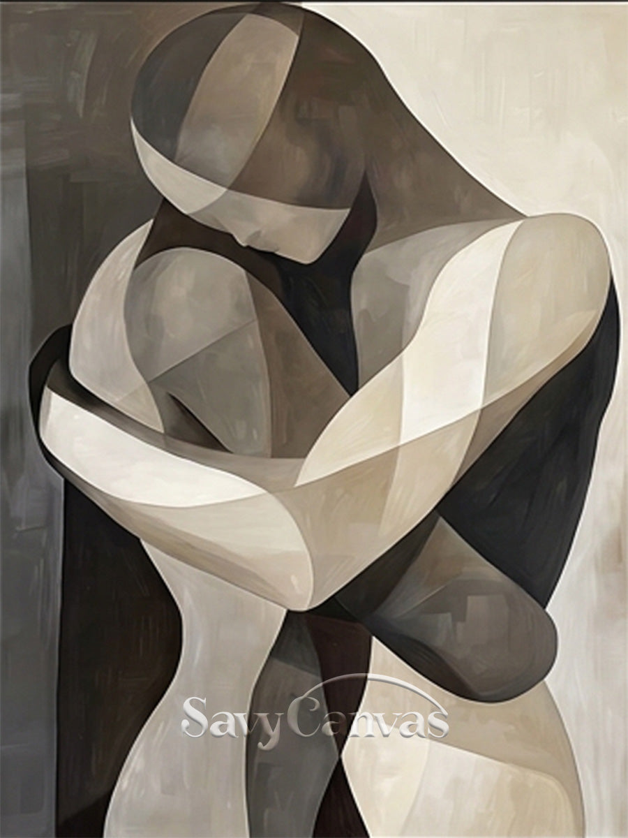 Cubist Style Couple Hugging Canvas Art | Monochrome Geometric Painting #SS 145
