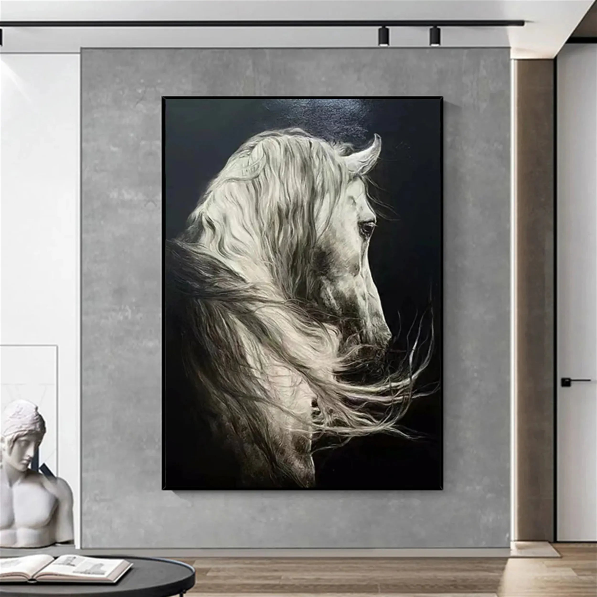 White Horse Oil Painting | Large Black & White Equine Art #ZZ 017