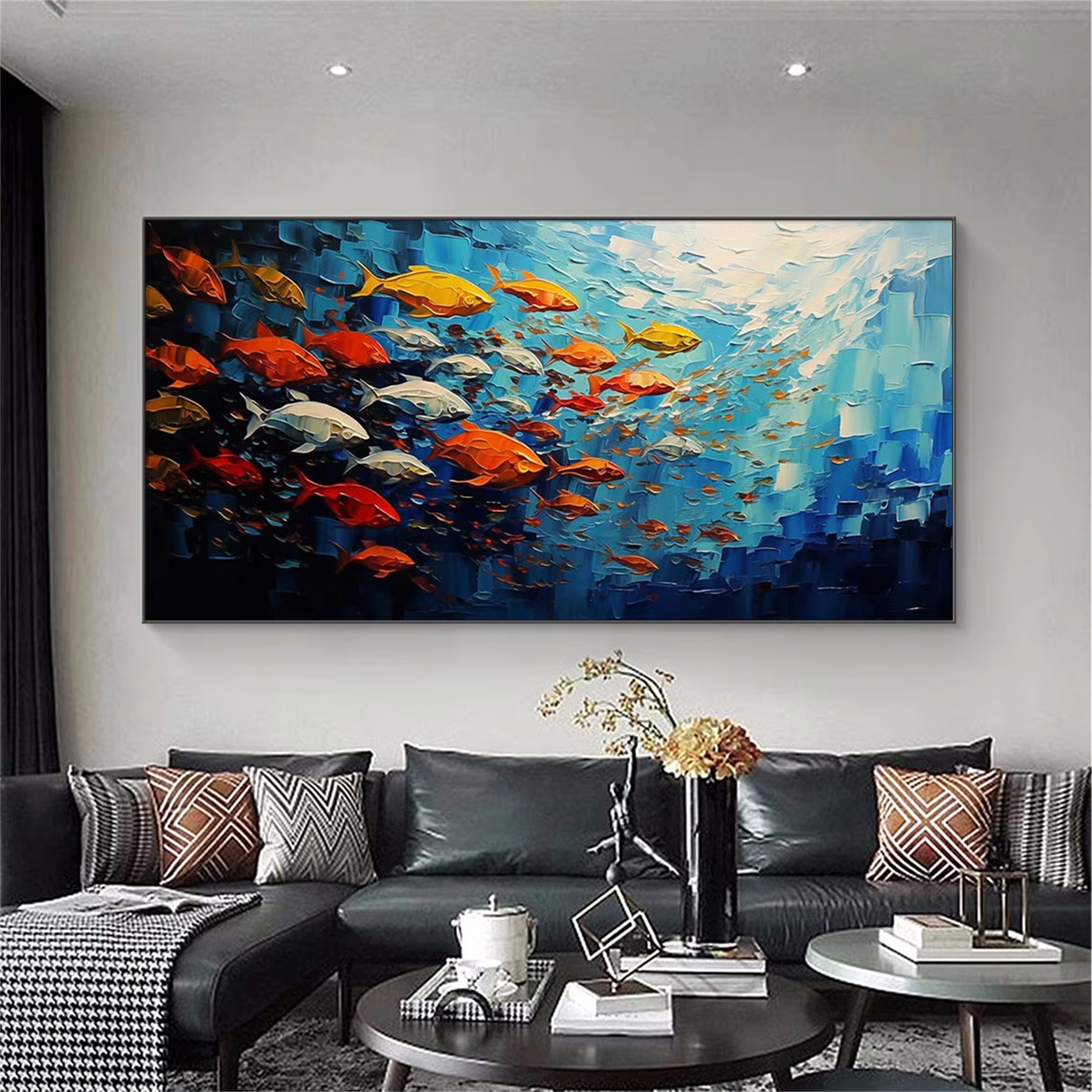 Large  Abstract Oil Painting Fish Wall Art - Ocean Painting #JJ 242