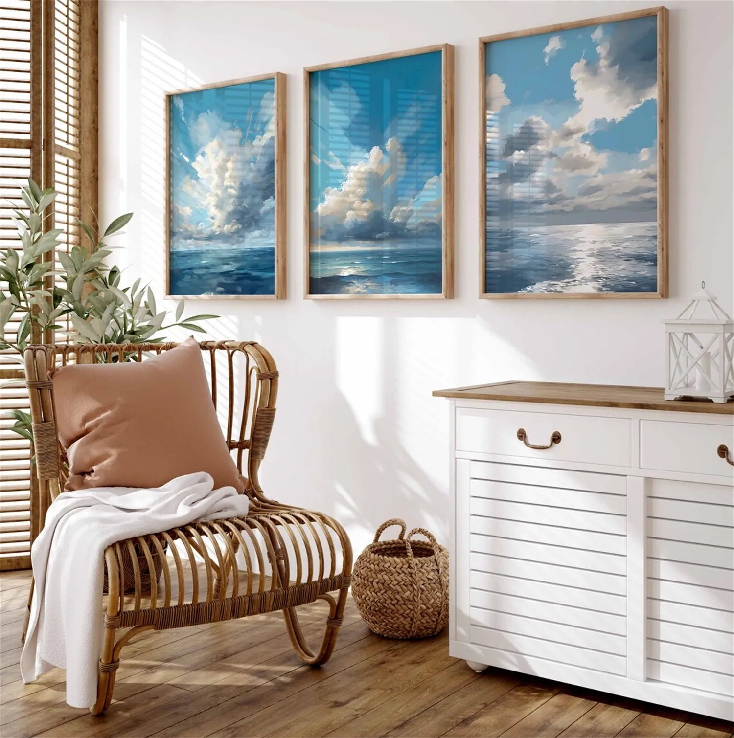 Sky Ocean Triptych - Serene Blue & White Art #JJ 203