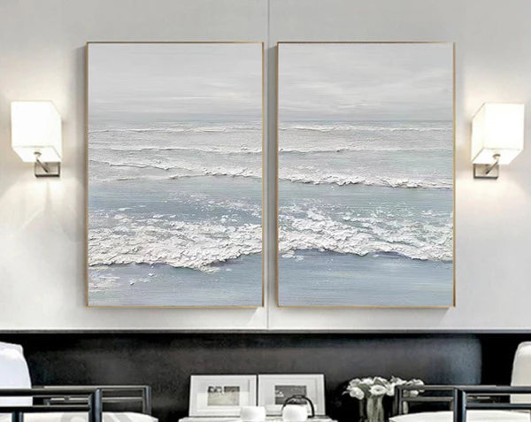 Large Textured Ocean Wall Art Serene Coastal Art Set of 2 #ZZ 048