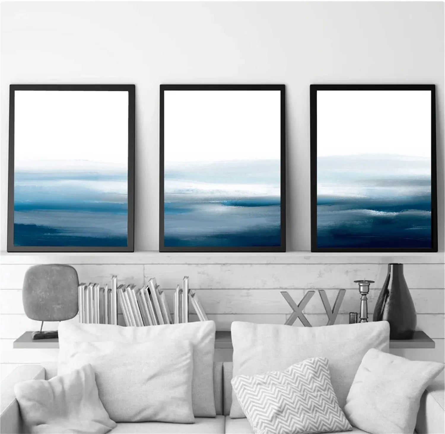 Blue & White Minimalist Ocean Abstract Wall Art #JJ 204