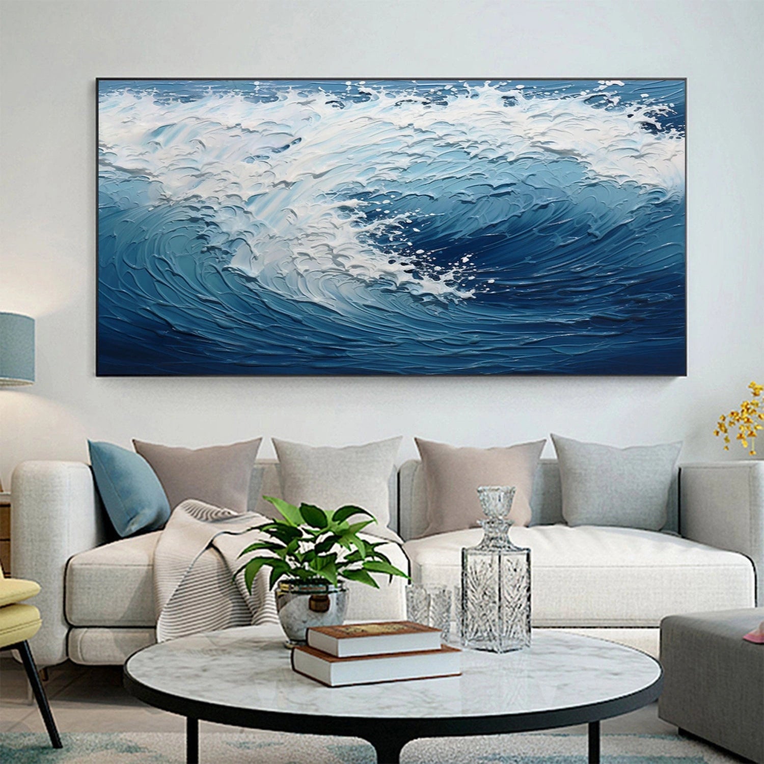Wide Format Blue and White Textured Wave Abstract Oil Painting - Modern Ocean Art