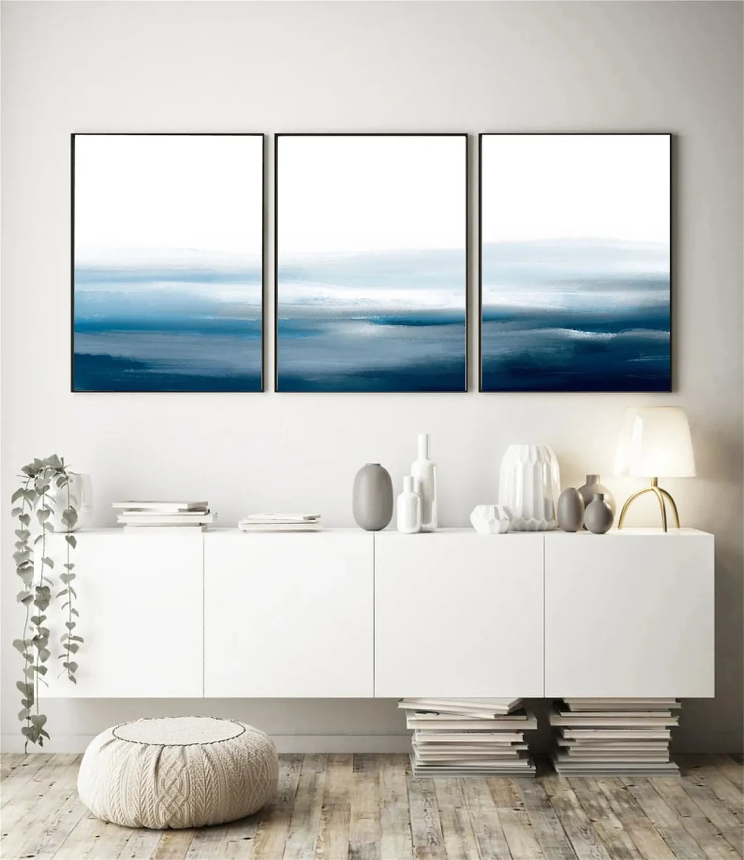 Blue & White Minimalist Ocean Abstract Wall Art #JJ 204